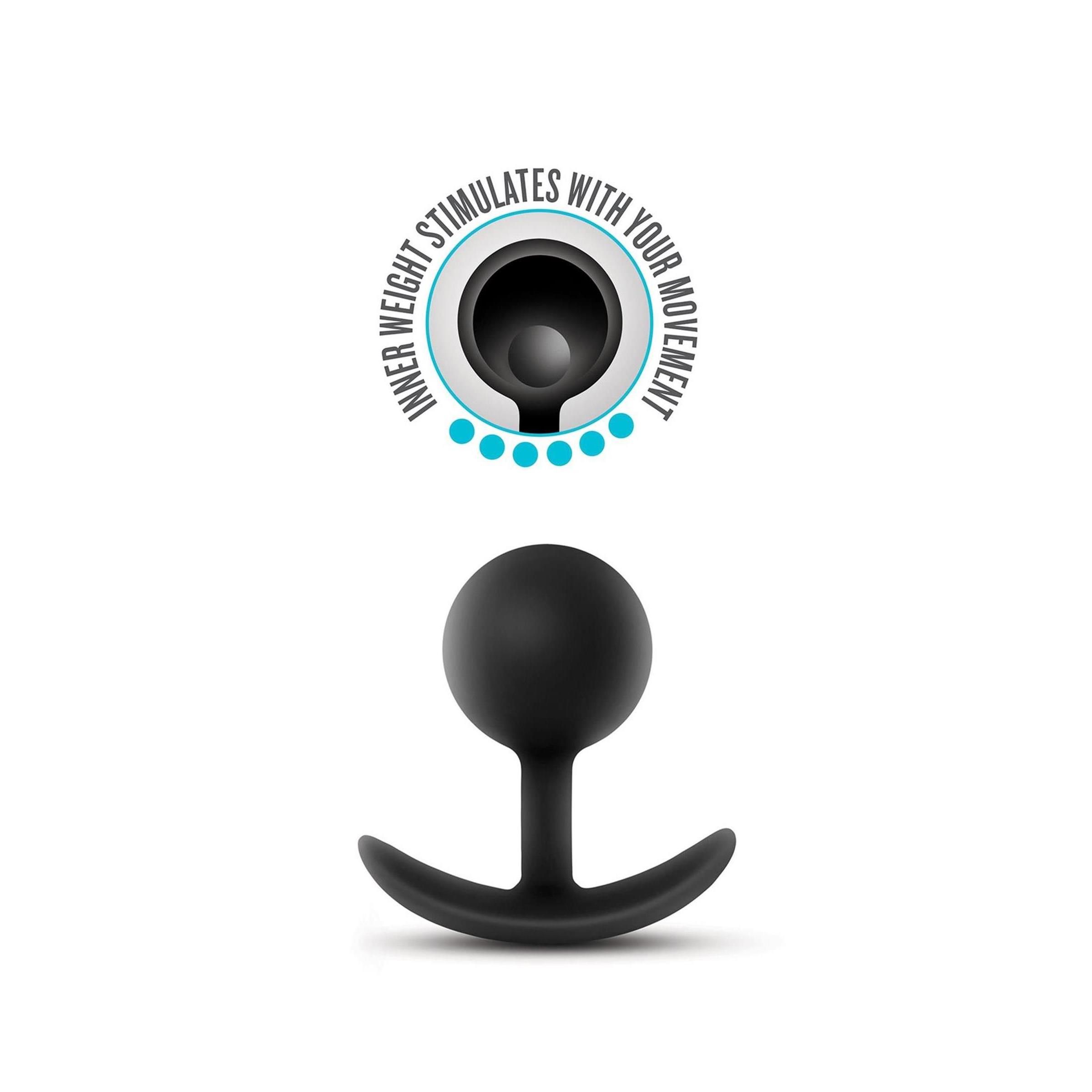 Schwarzer Analplug mit runder Spitze und gebogener Basis. Oben Text: Inner Weight Stimulates With Your Movement.