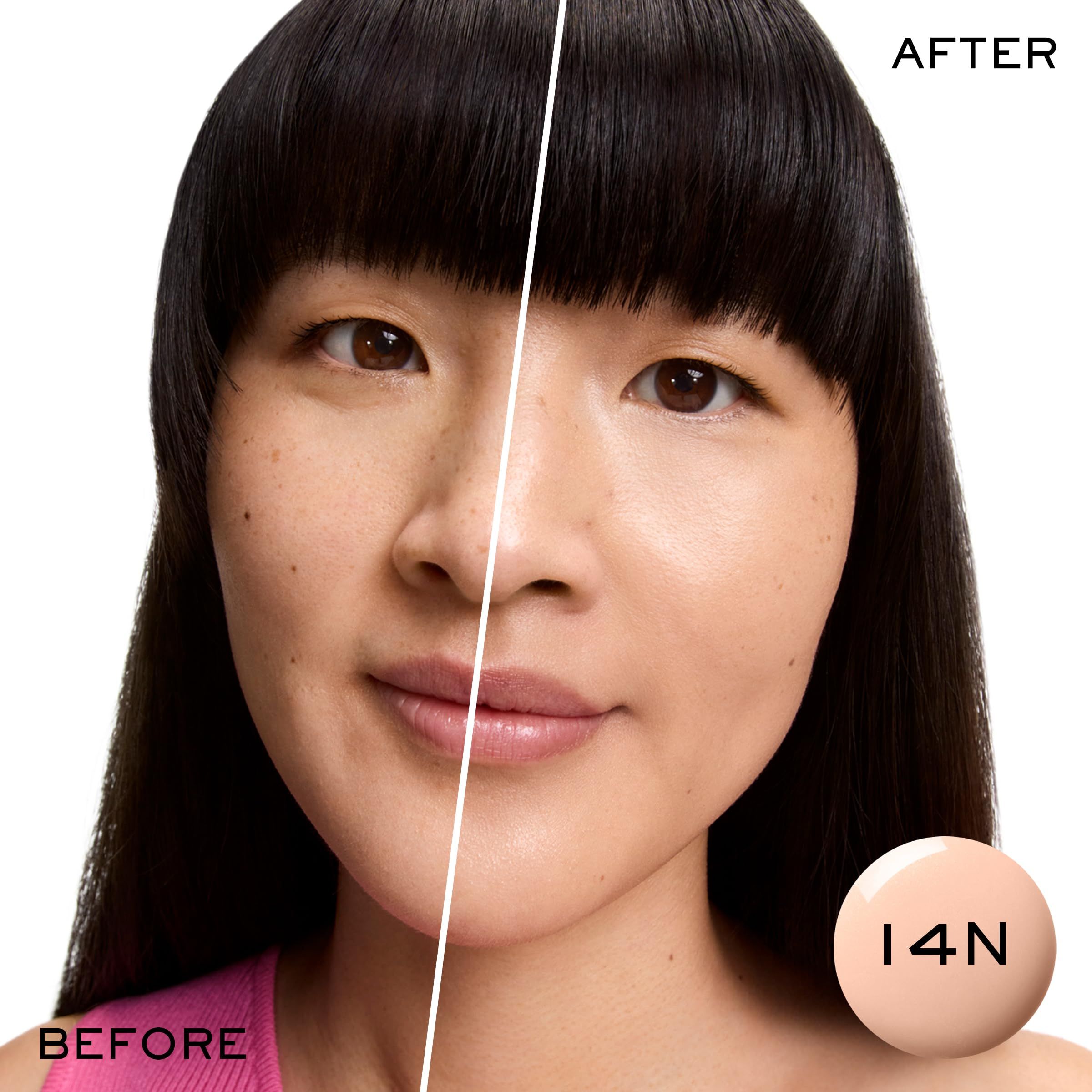 Vorher-Nachher-Vergleich. Frau mit hellerem Teint nach Anwendung. Aufschrift: I4N.