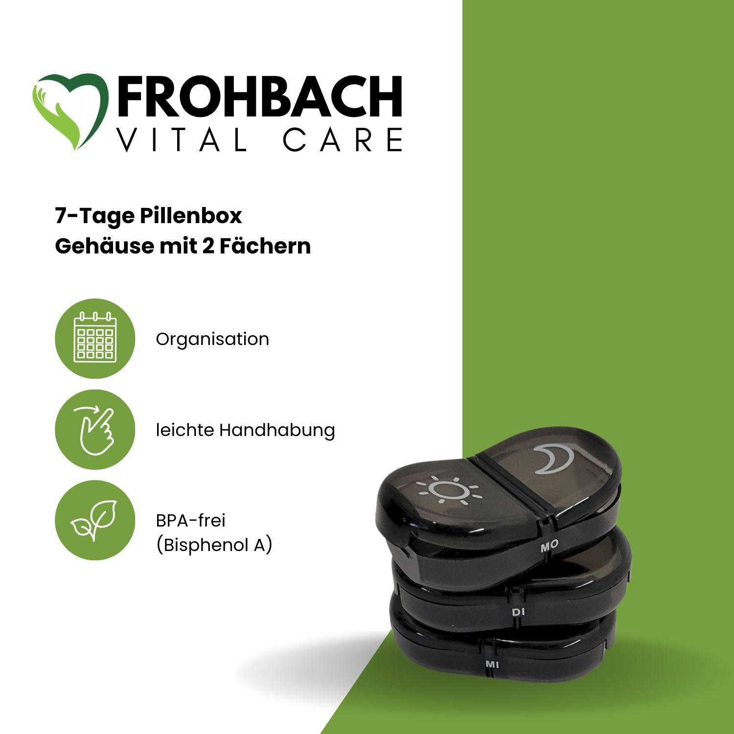 Frohbach Vital Care 7-Tage Pillenbox. Schwarze Tagesboxen gestapelt. Text: Organisation, leichte Handhabung, BPA-frei.