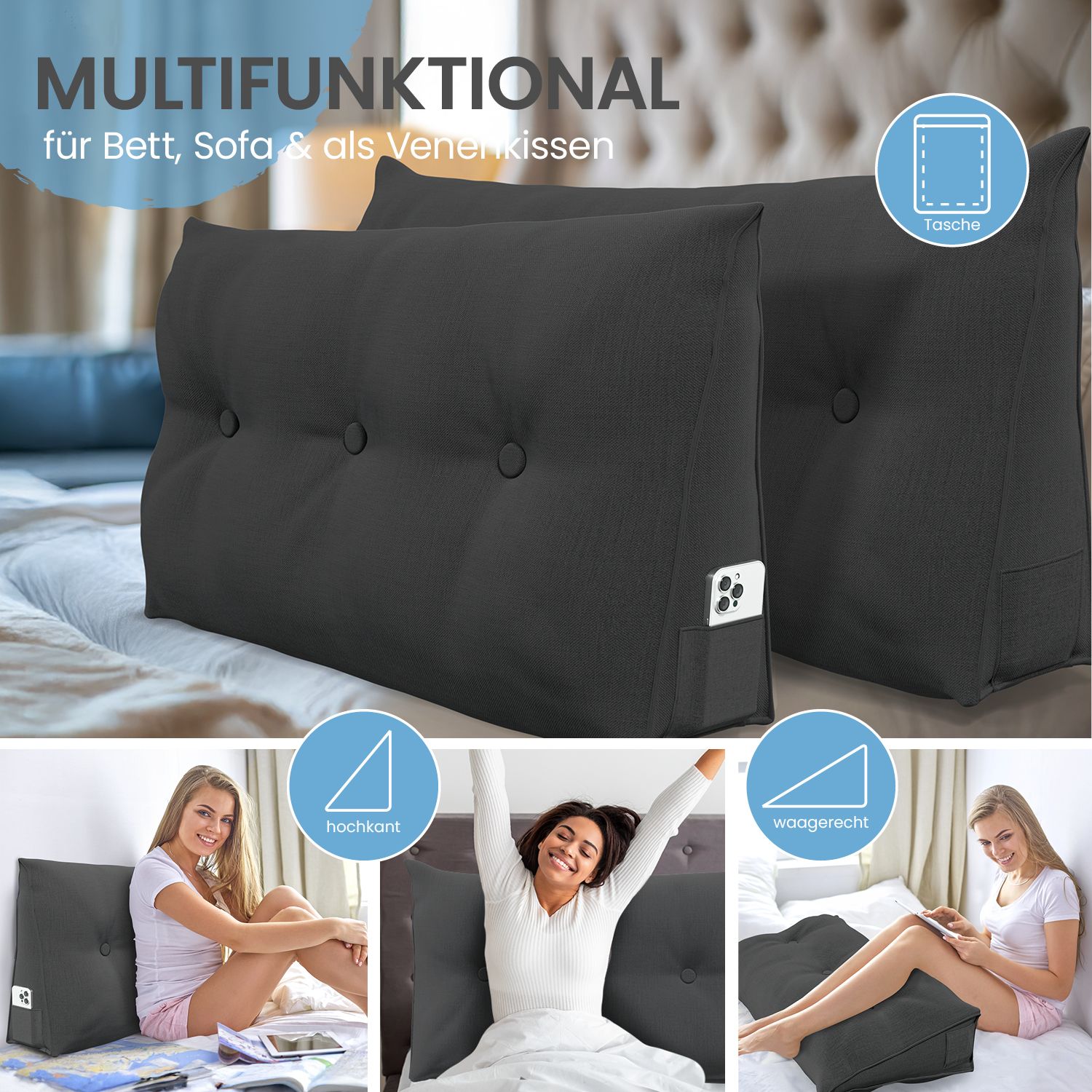Graue Stützkissen auf einem Bett. Text: "MULTIFUNKTIONAL". Abbildungen zeigen verschiedene Anwendungsmöglichkeiten.