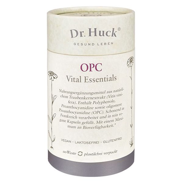 Zylindrische Pappdose mit Aufschrift: Dr. Huck OPC Vital Essentials. Vegan, laktosefrei, glutenfrei. Mit floralem Muster.