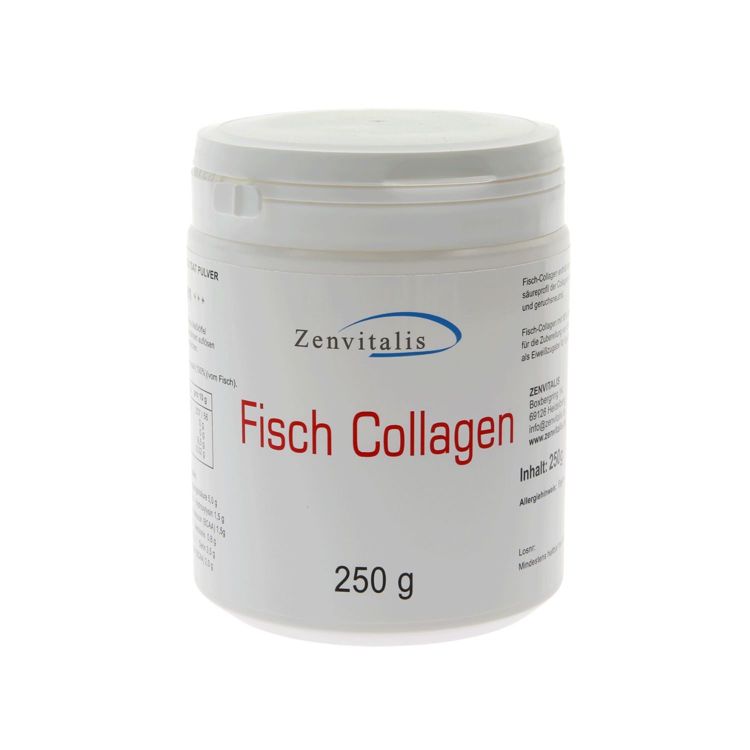 Weiße Dose mit blauem Deckel. Aufschrift: Zenvitalis, Fisch Collagen, 250 g.