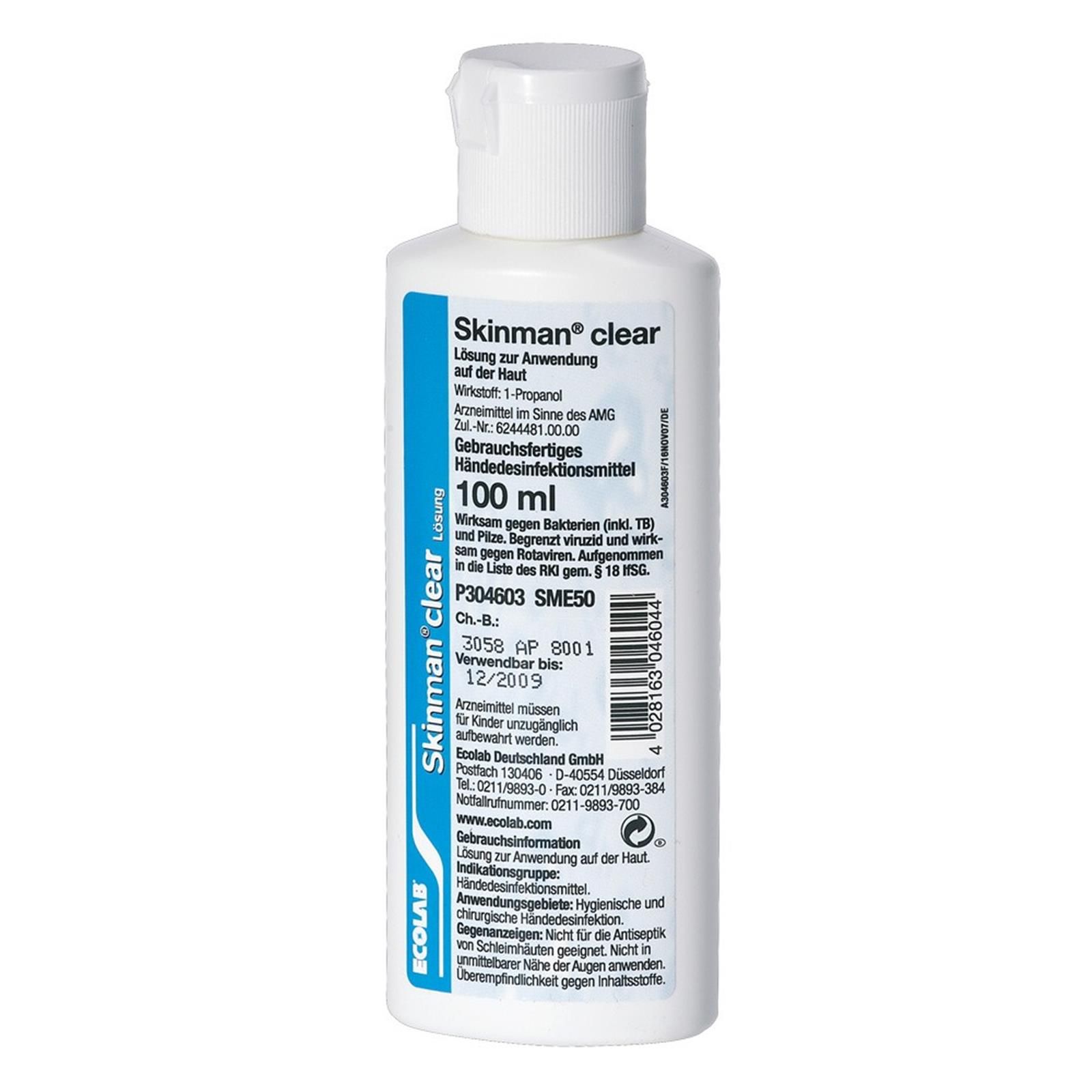 Weiße Flasche mit blauem Etikett. Aufschrift Skinman clear, Händedesinfektionsmittel. 100 ml.