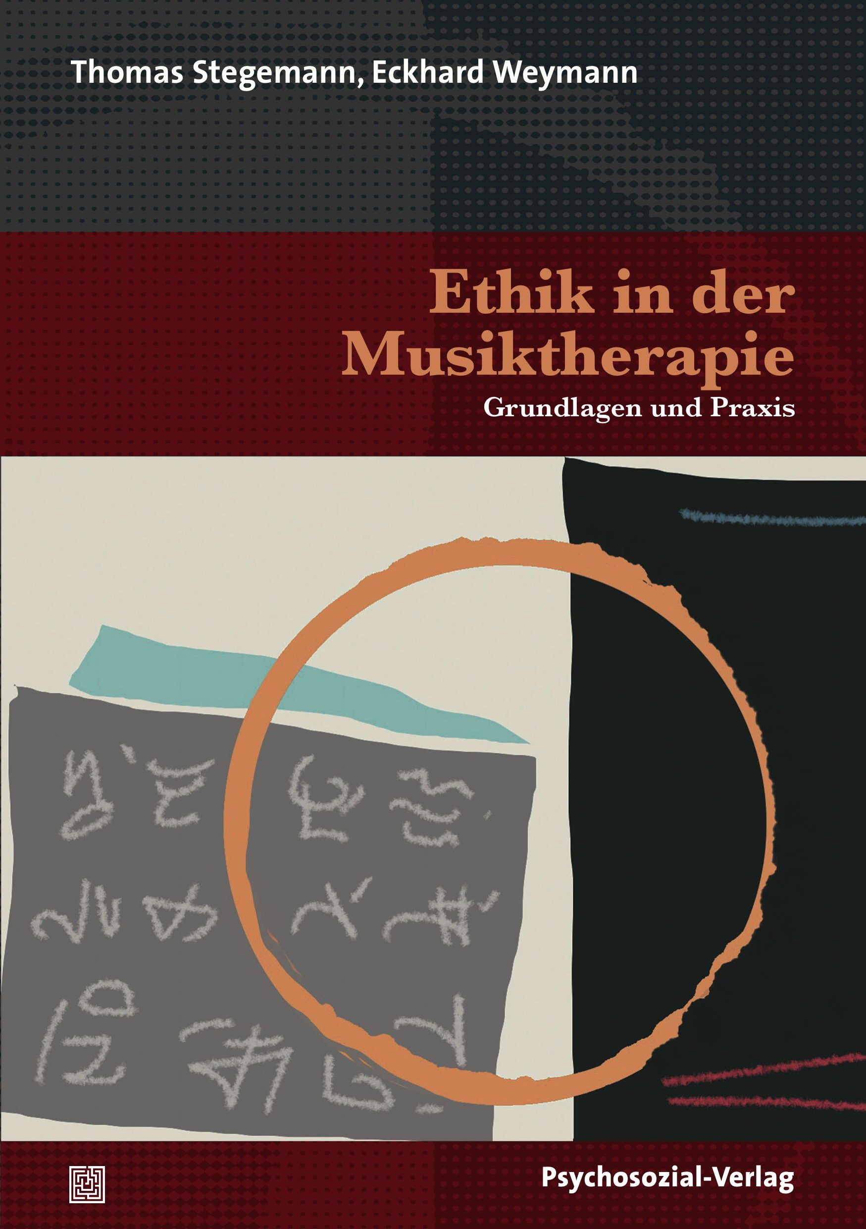Buchcover: "Ethik in der Musiktherapie". Titel, Autoren, und Verlag sind sichtbar. Hintergrund in Rot, Grau, Beige und Schwarz.