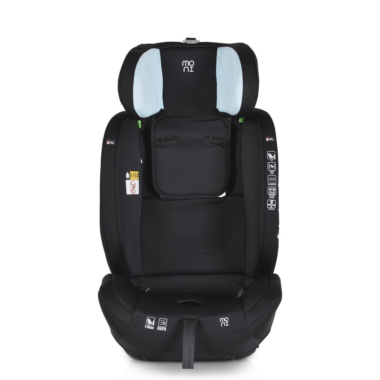 Schwarzer Kindersitz mit blauen Akzenten und Kopfstütze