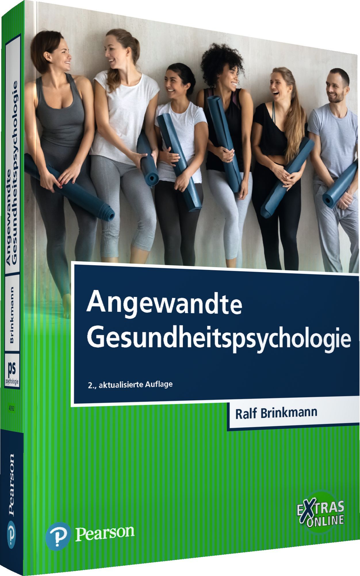 Buchcover von 'Angewandte Gesundheitspsychologie'. Titel in Großbuchstaben. Autorenname und Pearson-Logo sichtbar. Personen mit Yogamatten im Hintergrund.