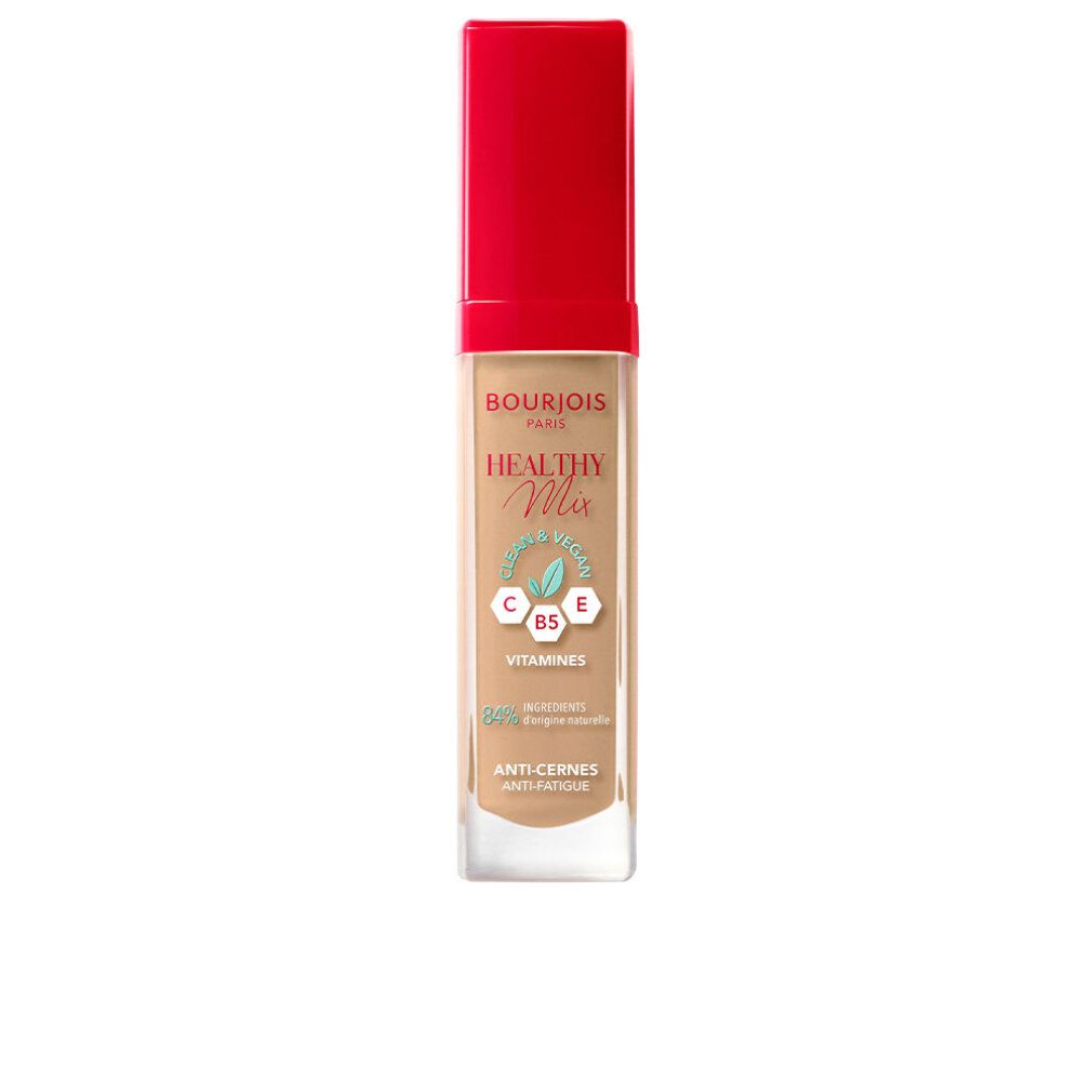 Concealer-Flasche mit roter Kappe. Produktname und Inhaltsstoffe sind sichtbar. Der Behälter ist rechteckig.