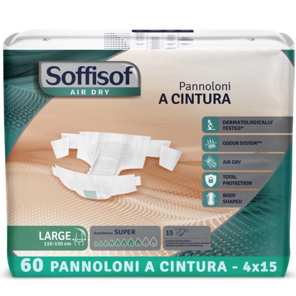 Verpackung mit Inkontinenzschutz mit Hüftbund. Marke Soffisof. Größe Large, 110-150 cm. 60 Stück.