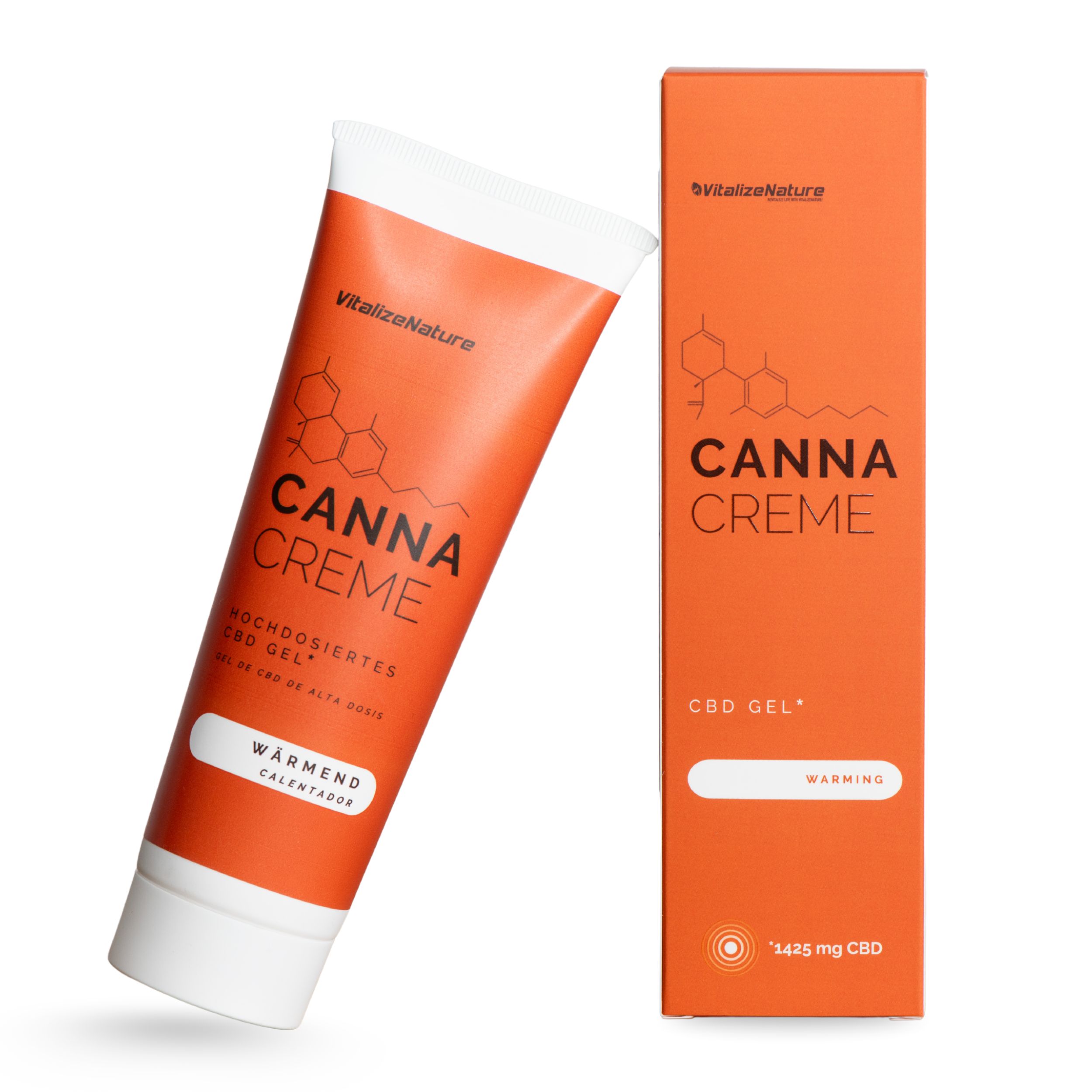Orange Tube mit weißer Kappe. Text: Canna Creme, wärmend, CBD Gel. Orangefarbene Verpackung daneben.