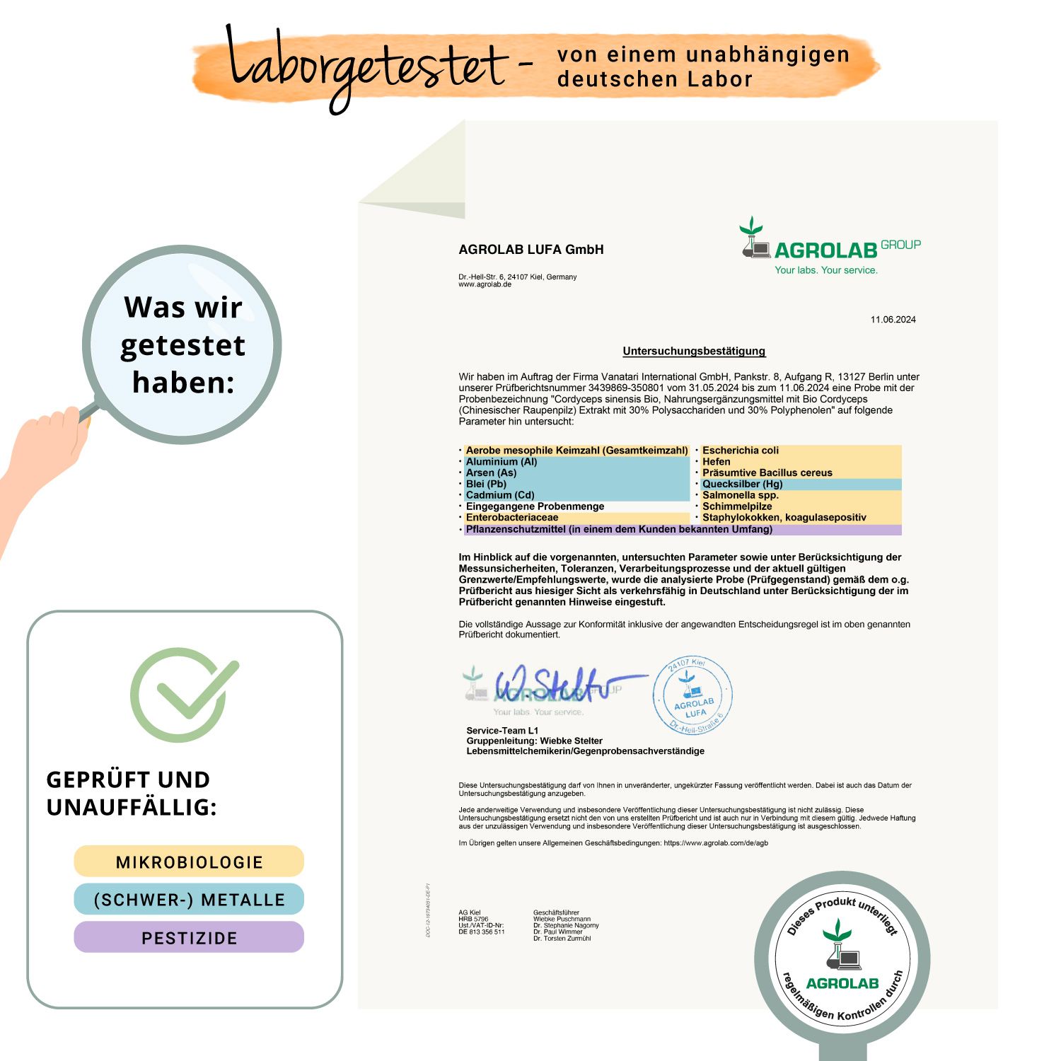 Zertifikat. Text: Laborgetestet. Geprüft und unauffällig. Mikrobiologie, Schwermetalle, Pestizide. Agrolab.