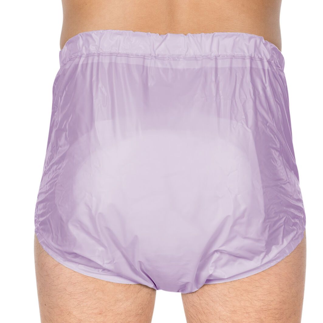 Rückansicht einer helllila PVC-Slip mit verstellbarem Komfortbund. Elastischer Bund und glatte Oberfläche.