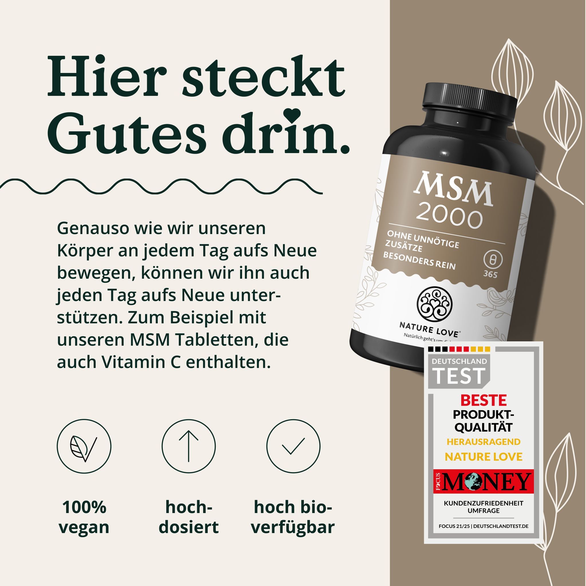 Flasche mit MSM 2000 Tabletten, 100% vegan, hochdosiert, hoch bioverfügbar.