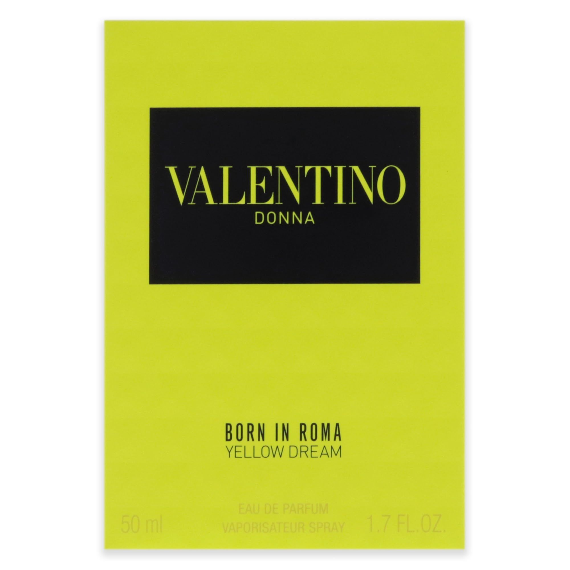 Gelbe Verpackung von Valentino Donna Born In Roma Yellow Dream Eau de Parfum. Schwarzes Logo.
