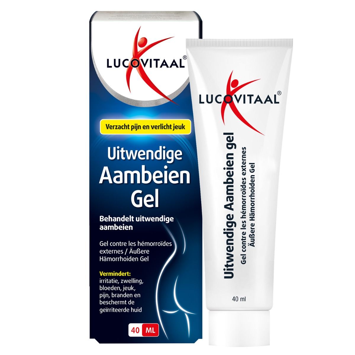 Emballage du produit avec tube et boîte pliante. Contient un gel pour hémorroïdes externes. 40 ml.