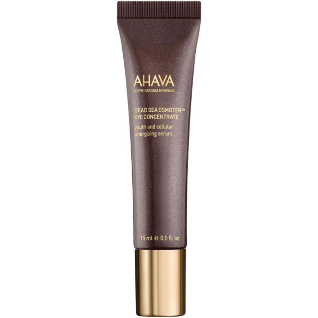Dunkelbraune Tube mit AHAVA-Logo und Produktbezeichnung. Enthält Dead Sea Osmoter Eye Concentrate.
