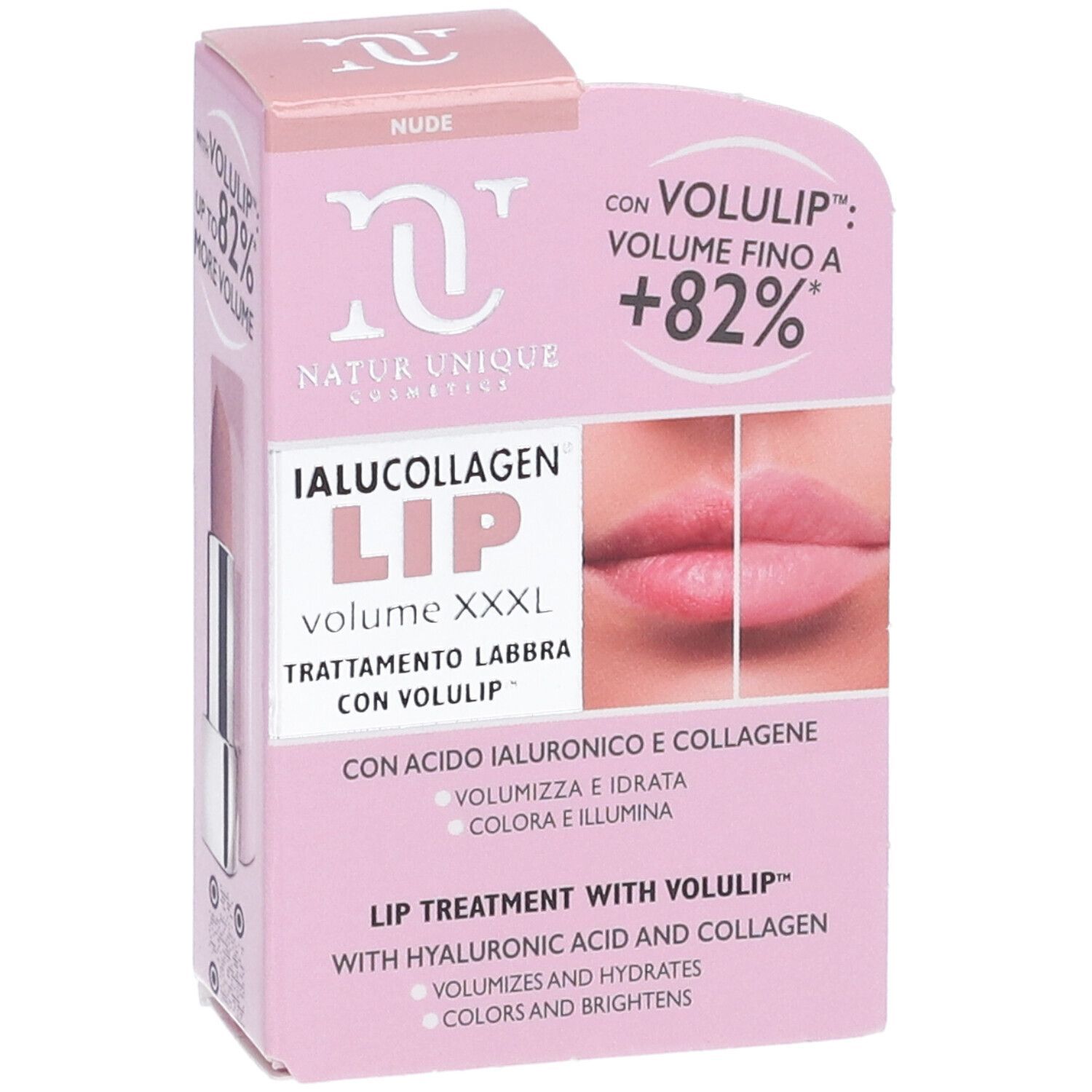 Verpackung des Lippenprodukts 'Natur Unique Lip Volume Xxxl Nude 4' mit Vorher-Nachher-Lippenbild.