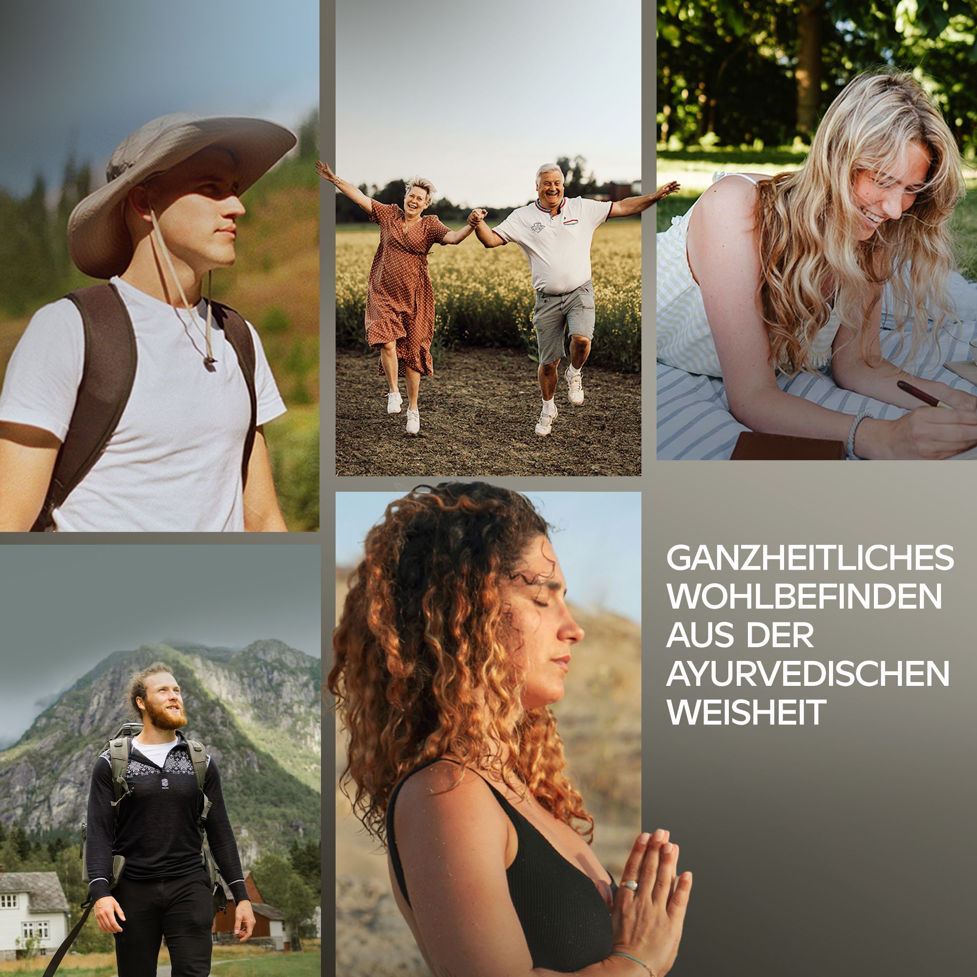 Menschen in verschiedenen Situationen. Text: körperliche Ausdauer, Energie, kognitive Funktion.