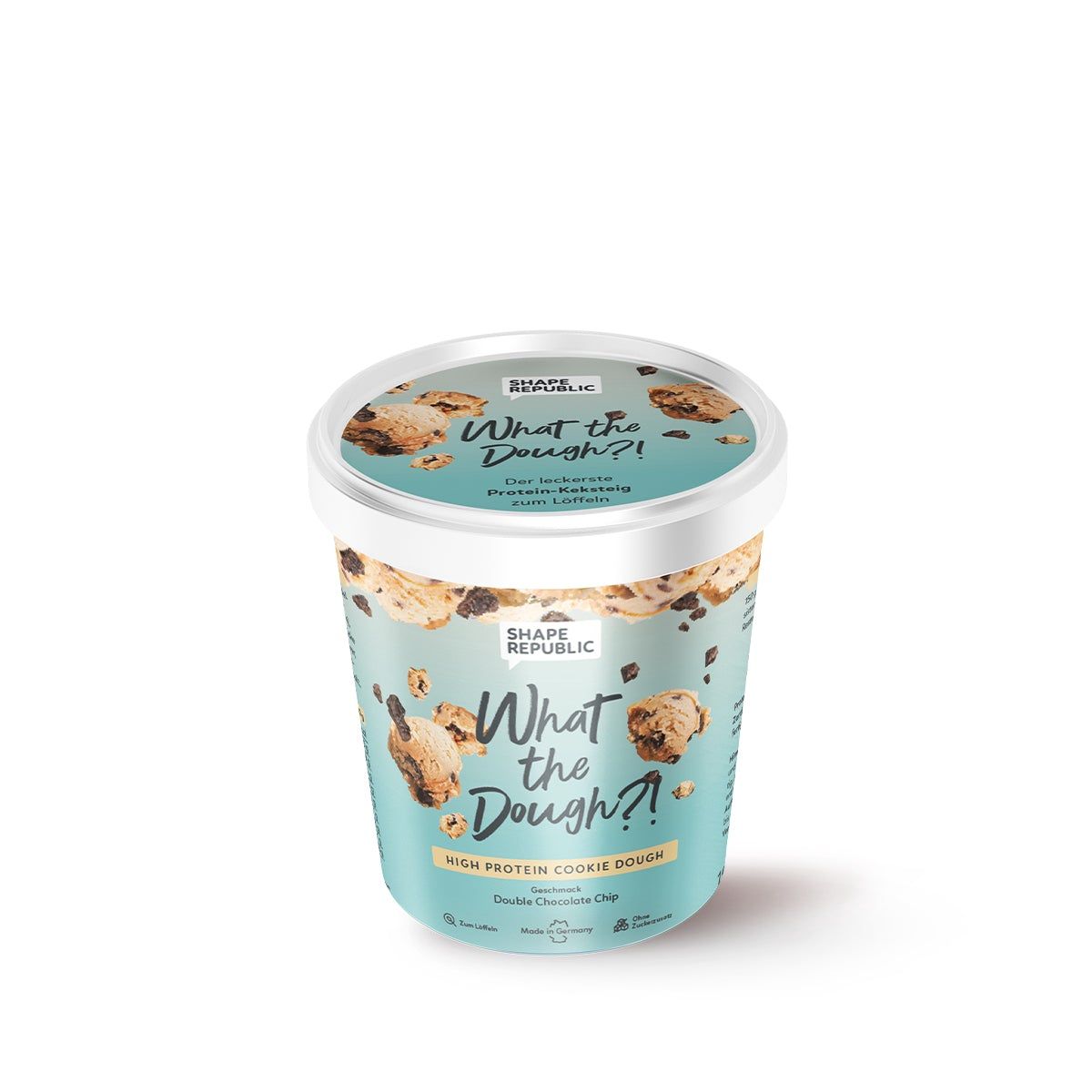 Behälter mit Aufschrift "What the Dough?!" und "Shape Republic". Produkt: High Protein Cookie Dough, Double Chocolate Chip.