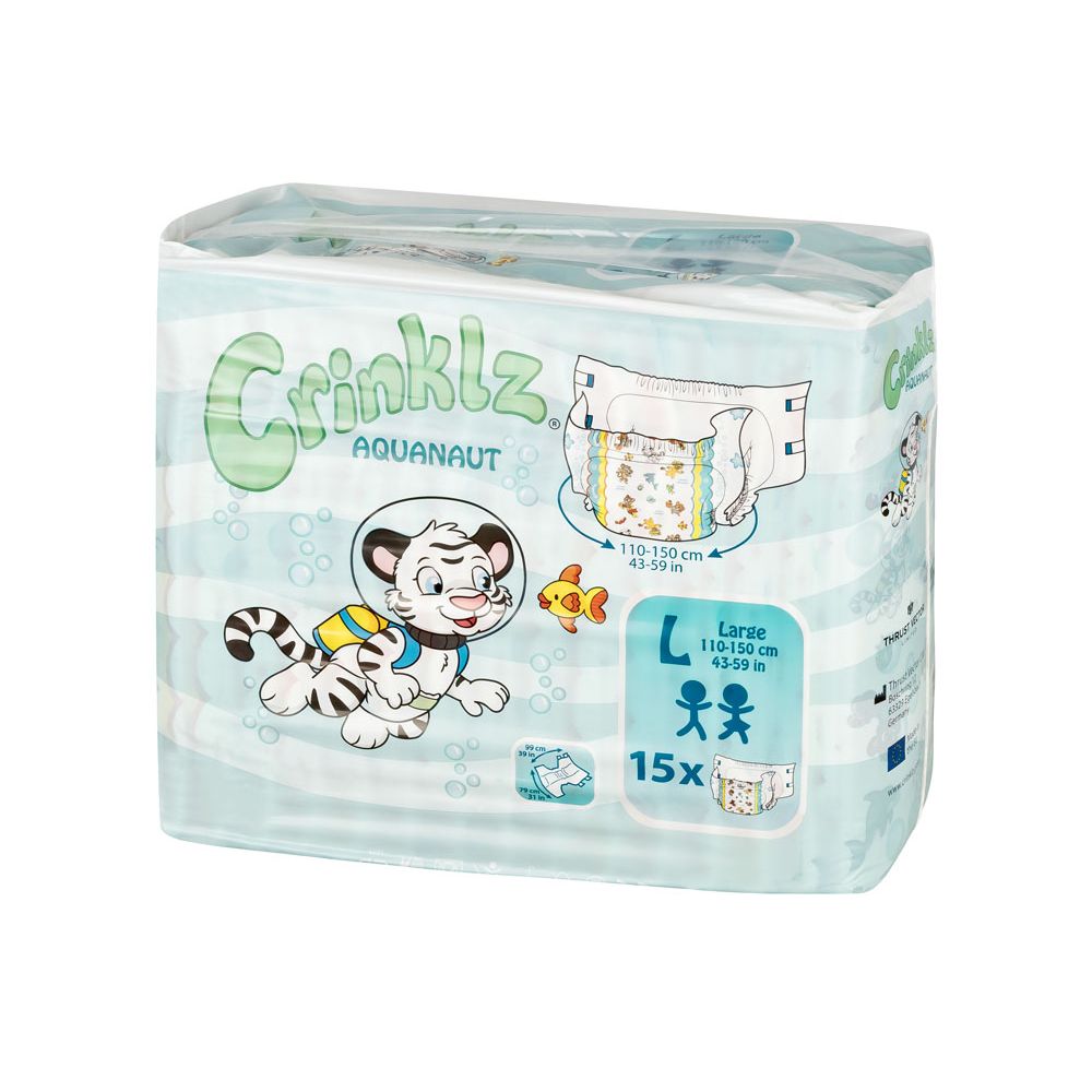Verpackung Crinklz Aquanaut L Windeln. Hellblau, mit Tiger-Illustration. Größe L, 15 Stück. Aufdrucke: Aquanaut, L, 110-150 cm.