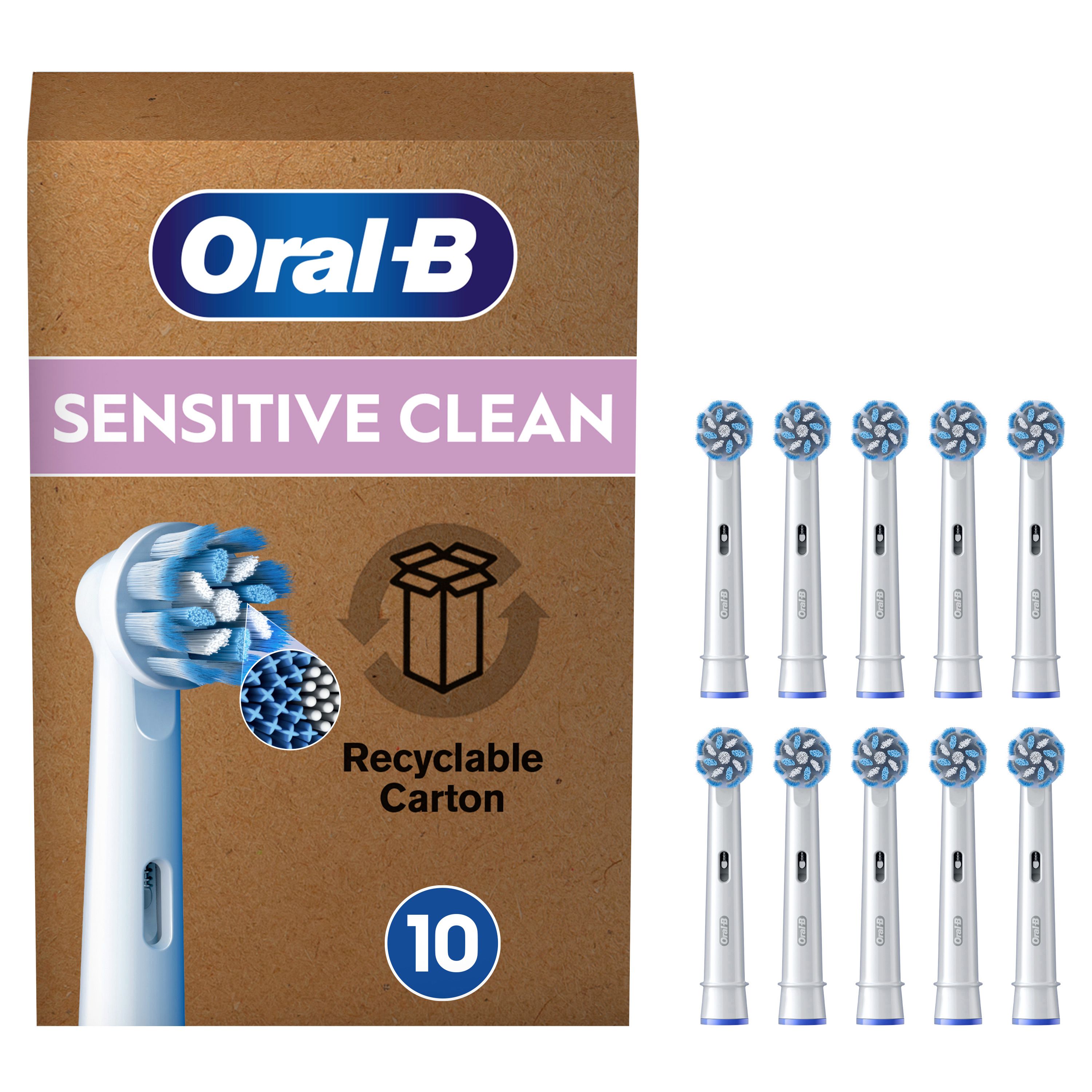 Packung Oral-B Pro Sensitive Clean Aufsteckbürsten. 10 Stück. Karton mit Logo und Produktbezeichnung. Bürstenköpfe mit blauen und weißen Borsten.