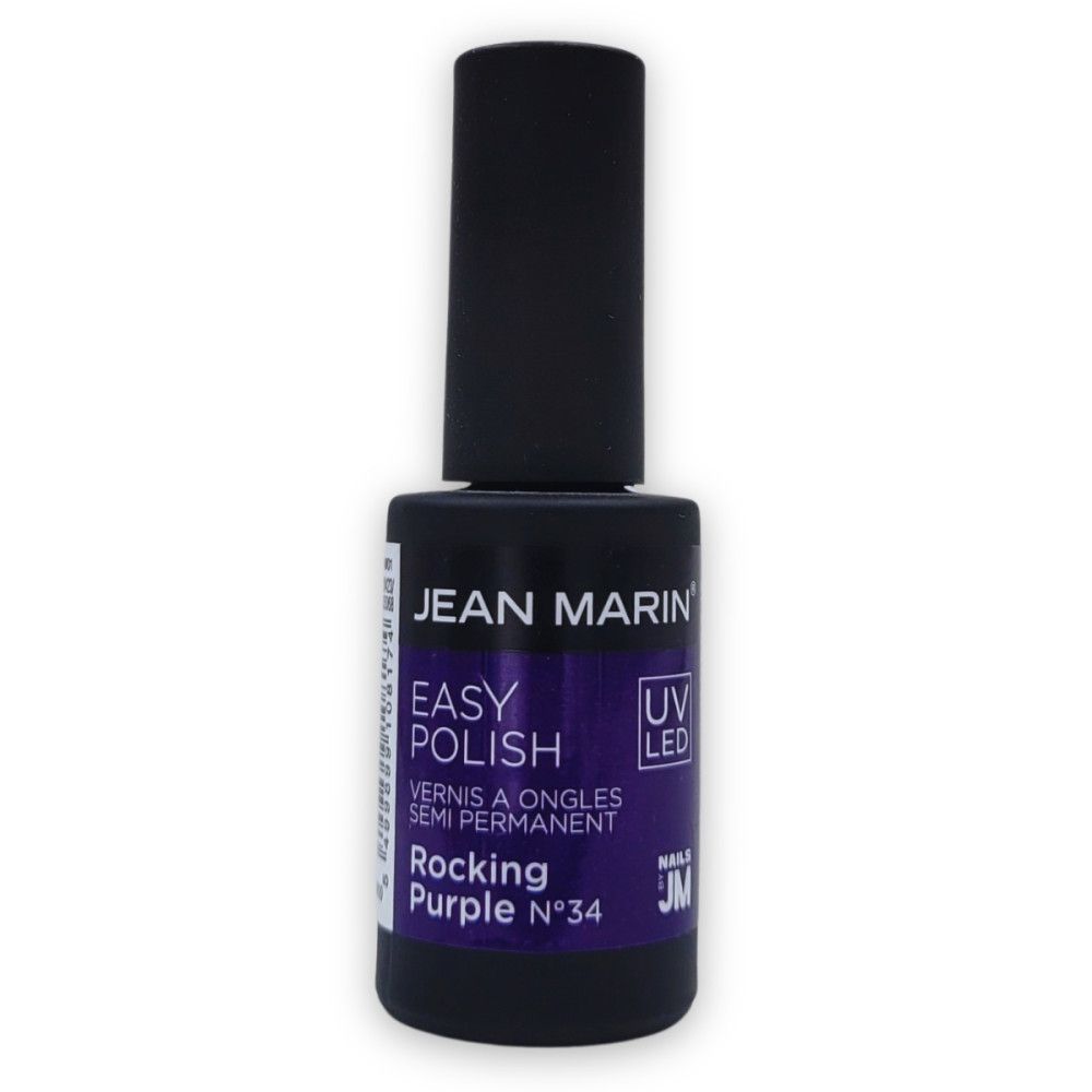 Flasche Nagellack. Marke Jean Marin. Easy Polish, Rocking Purple N°34. UV LED. Schwarze Kappe. Lila Farbe. Semi-Permanent.