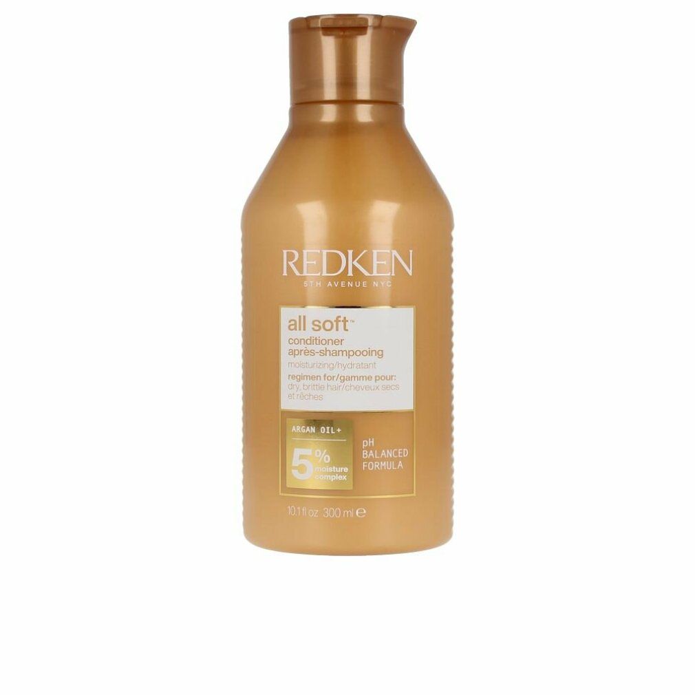 Orangefarbene Flasche Redken All Soft Conditioner. Aufschrift: All Soft, Conditioner, pH Balanced Formula. Flasche mit Ausgießer.