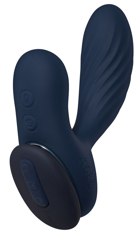 Dunkelblauer Analvibrator mit gewellter Oberfläche. Unterseite mit Bedienelementen. CE-Kennzeichnung.