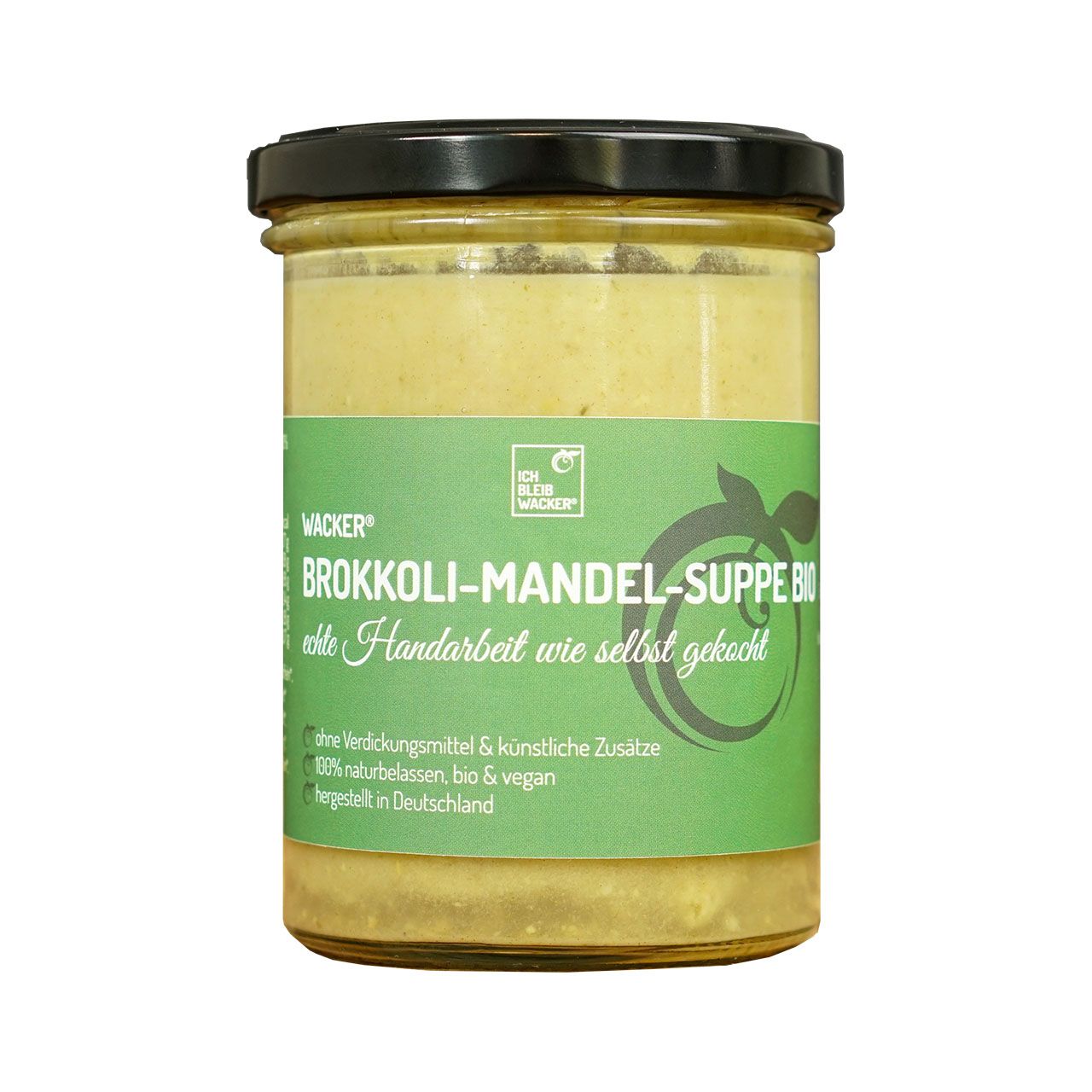 Glas mit Suppe. Grünes Etikett mit Schriftzug: Brokkoli-Mandel-Suppe Bio. Schwarzer Deckel. "Ich bin Wacker" Logo.