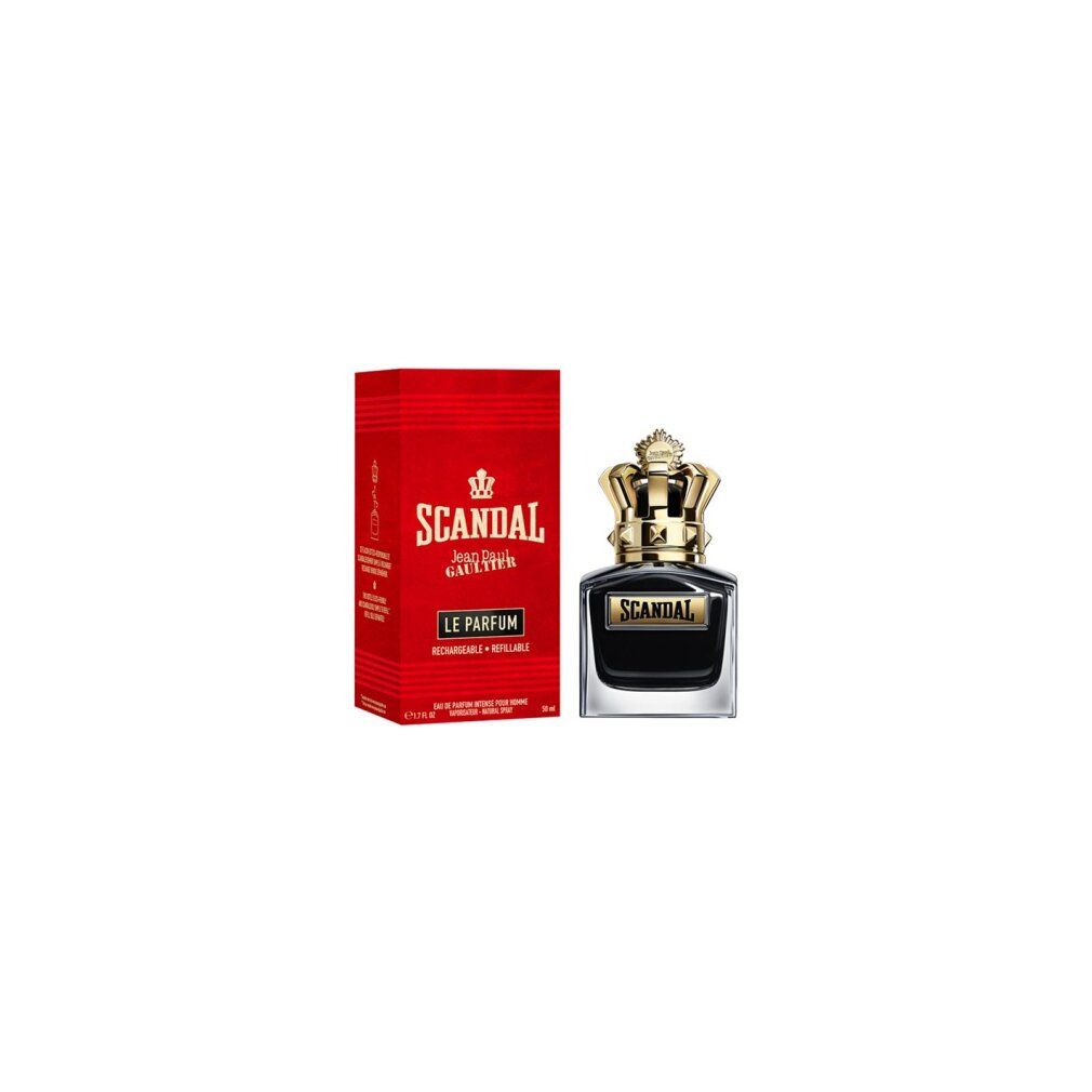 Schwarzer Flakon mit goldener Krone und Aufschrift SCANDAL. Roter Karton mit Logo und Schriftzug SCANDAL Jean Paul Gaultier.