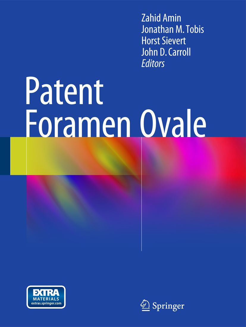 Buchcover mit Titel "Patent Foramen Ovale". Autorennamen und Springer-Logo sind sichtbar. Blauer Hintergrund mit farbigen Akzenten.
