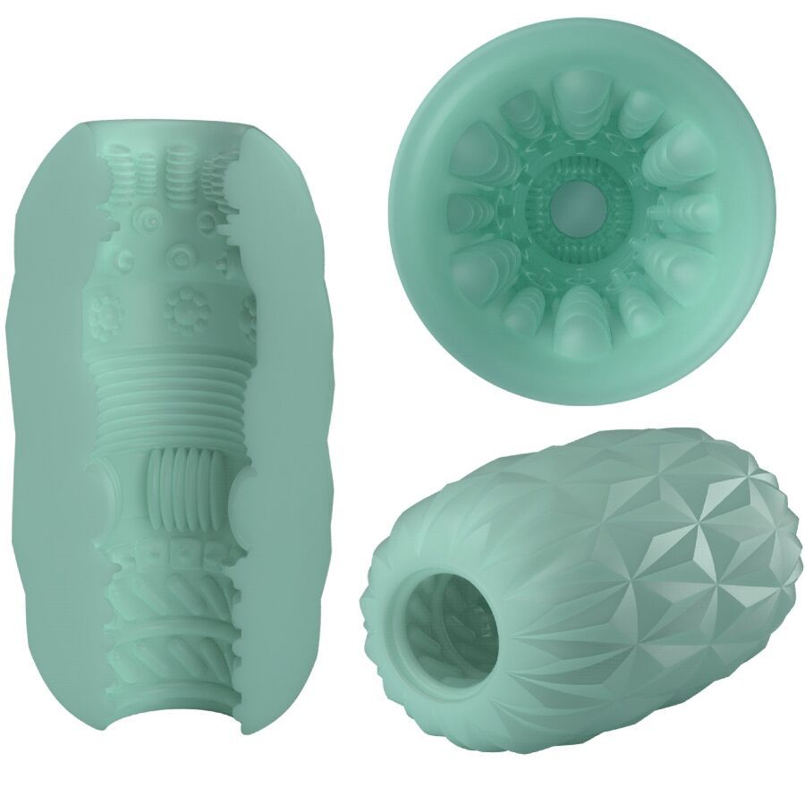 Türkis Produkt, Ansichten: Schnitt, Draufsicht und Seitenansicht. Geometrische Musterung, strukturierte Innenfläche.