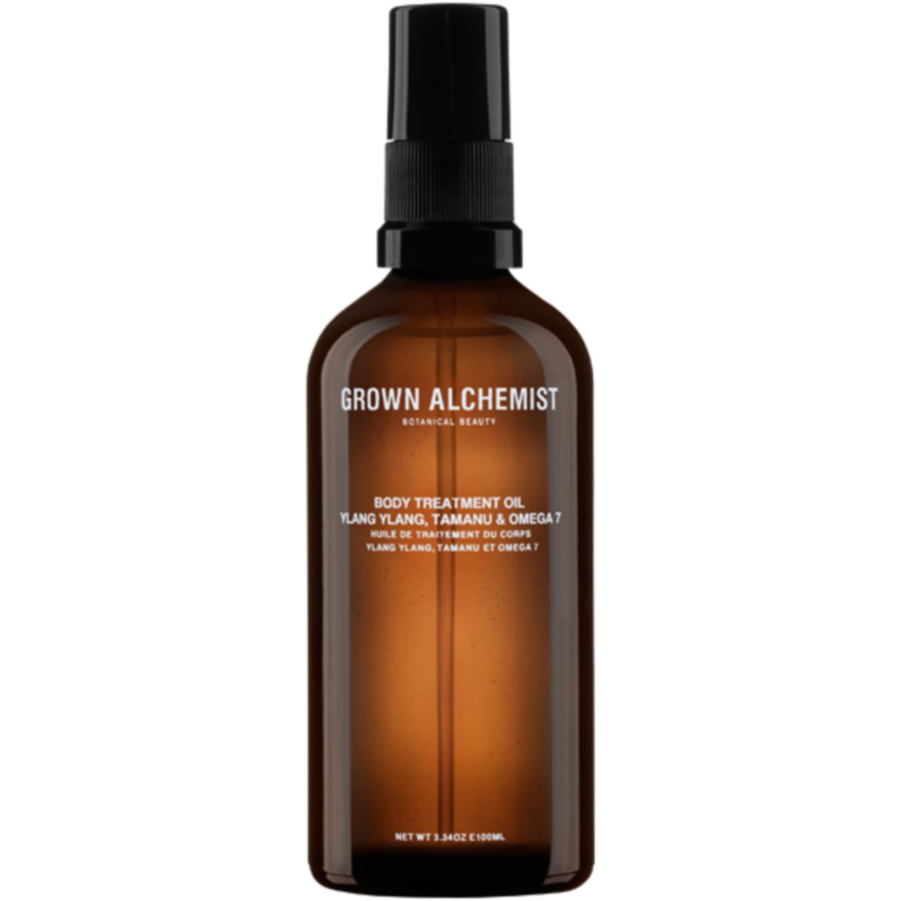 Braune Glasflasche mit schwarzem Sprühkopf. Beschriftung: Grown Alchemist, Body Treatment Oil.