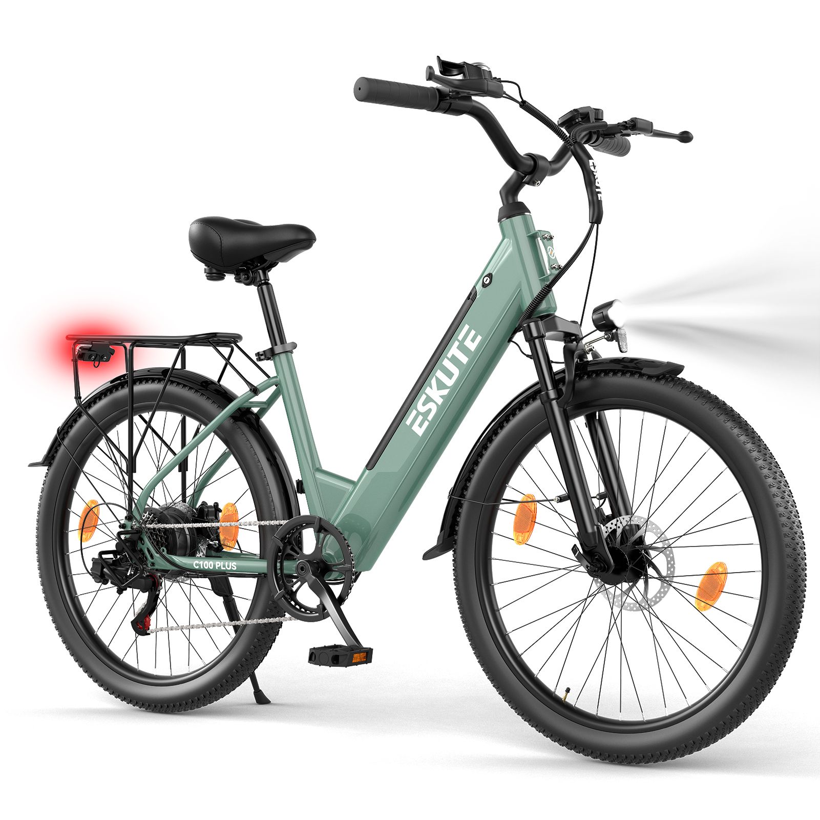 Elektro-Citybike, grün, mit Gepäckträger, Scheinwerfer und Rücklicht. Marke ESKUTE.