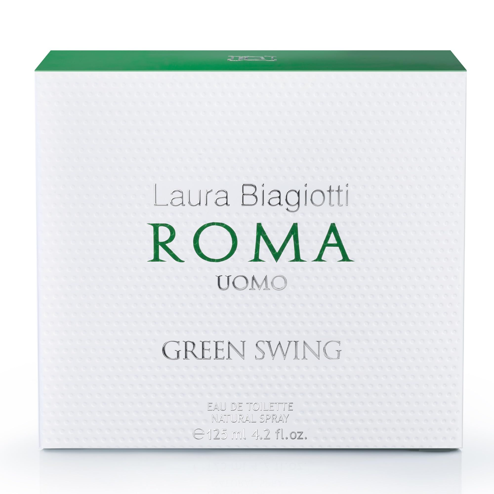 Weiße rechteckige Verpackung. Aufschrift: Laura Biagiotti, ROMA UOMO, GREEN SWING. Text: Eau de Toilette, 125 ml.