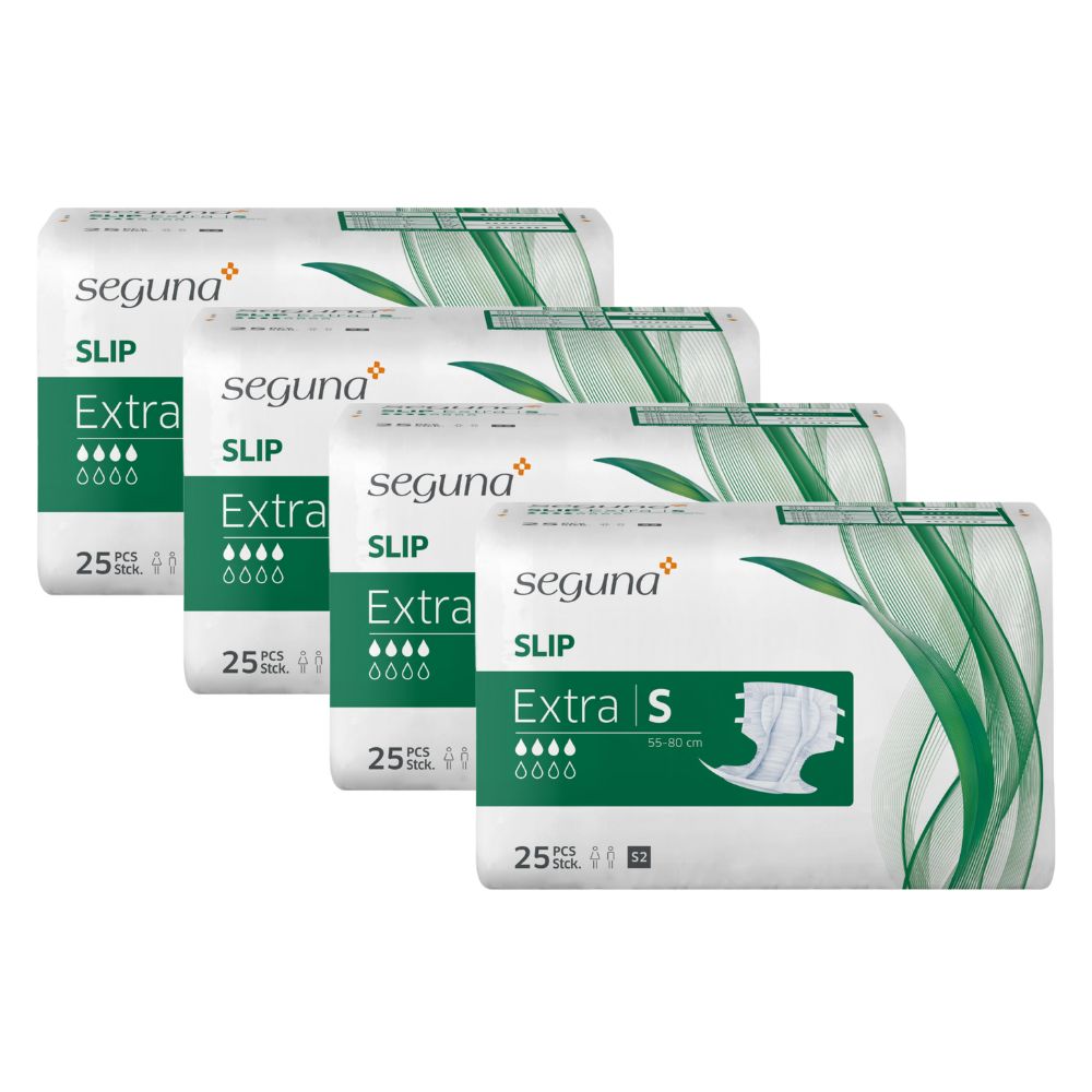 Mehrere Packungen Inkontinenz-Slips. Aufdruck: SEGUNA SLIP Extra, Saugstärke-Indikator, 25 Stück.