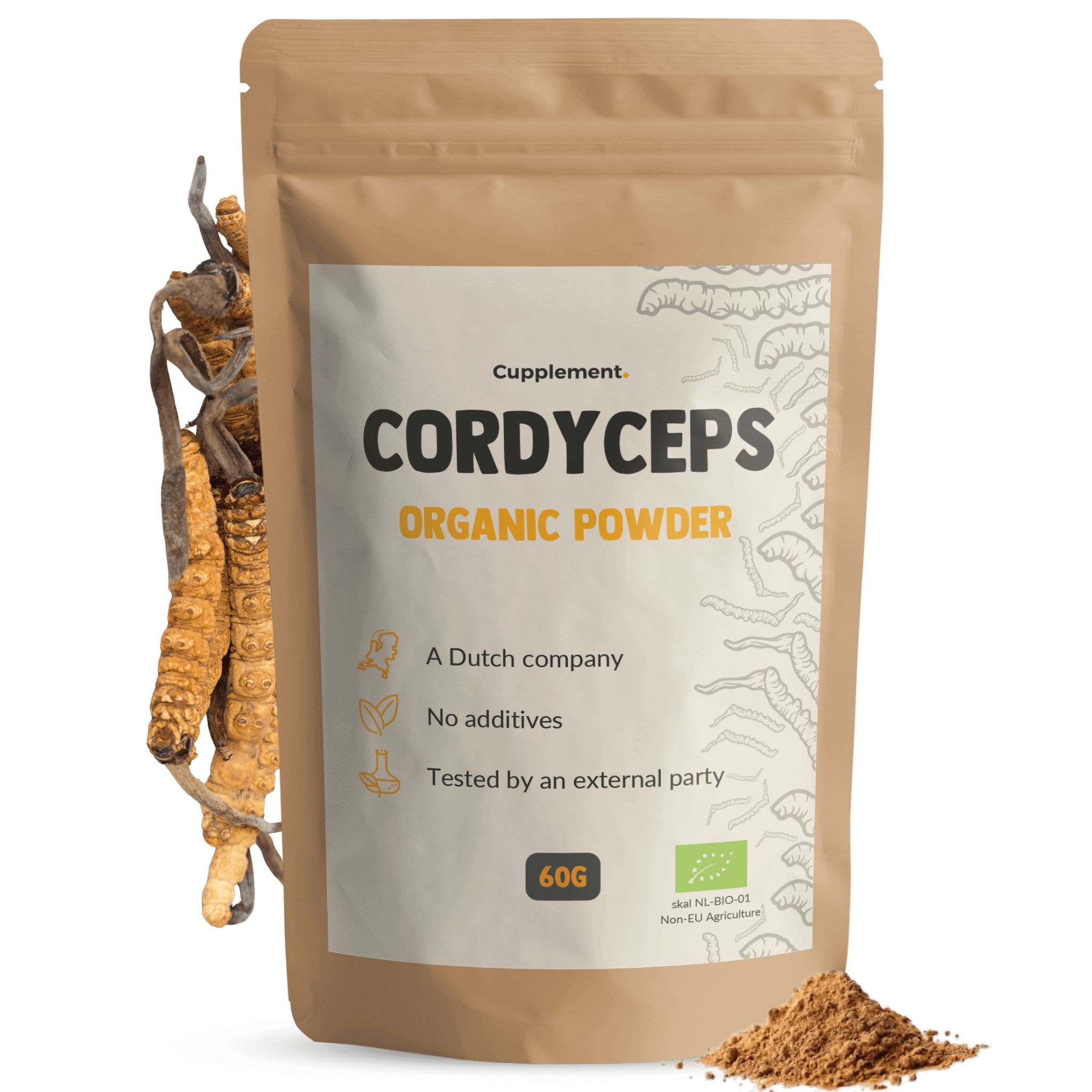 Braune Tüte mit Cordyceps-Pulver. Text: „Cordyceps Organic Powder“. 60g. Mit Cordyceps-Pilzen.