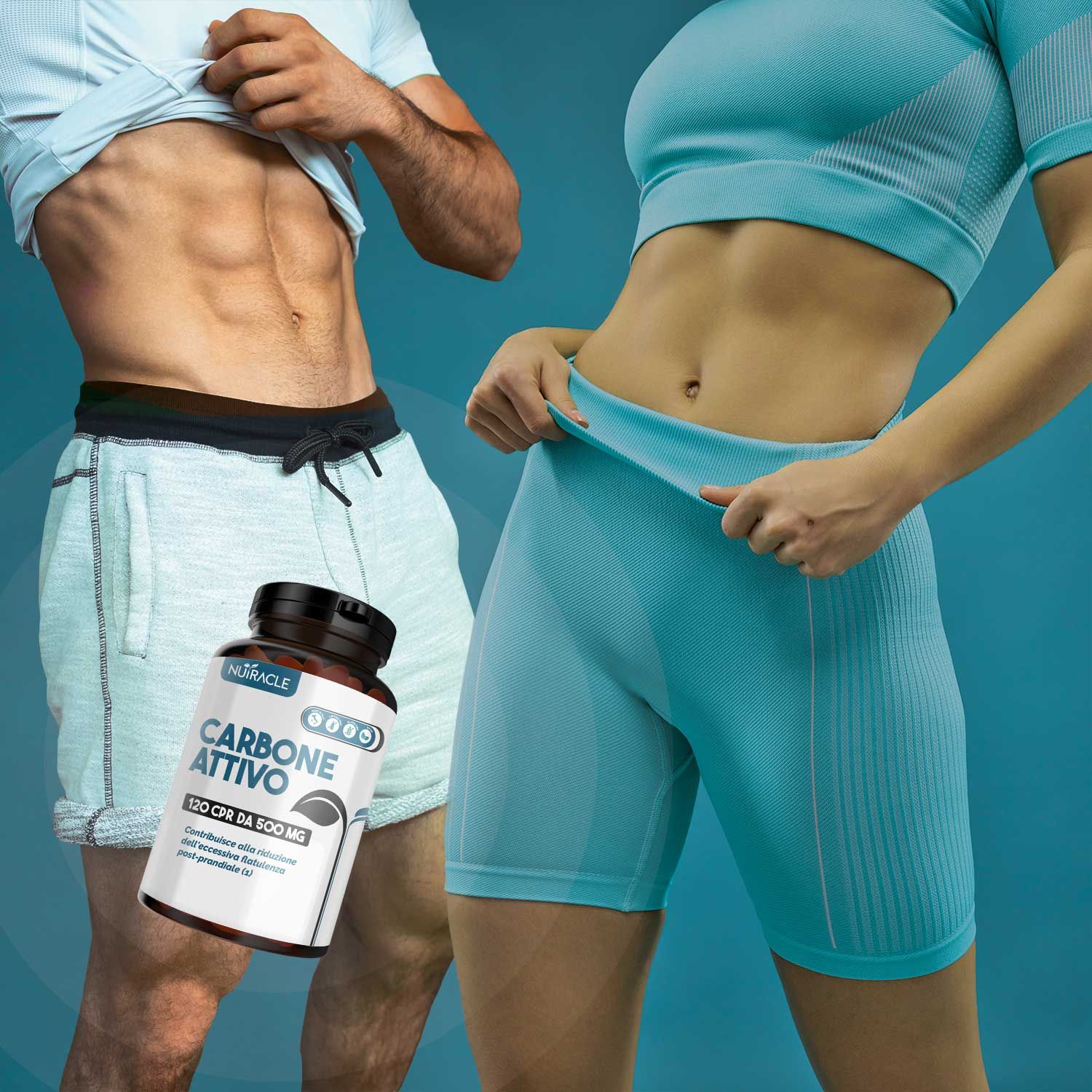 Un'immagine che mostra una bottiglia di Nutracle Carbone Attivo accanto a due persone in abbigliamento sportivo. La bottiglia contiene 120 compresse. Le persone sono raffigurate in abbigliamento sportivo, suggerendo l'uso del prodotto in relazione al fitness.