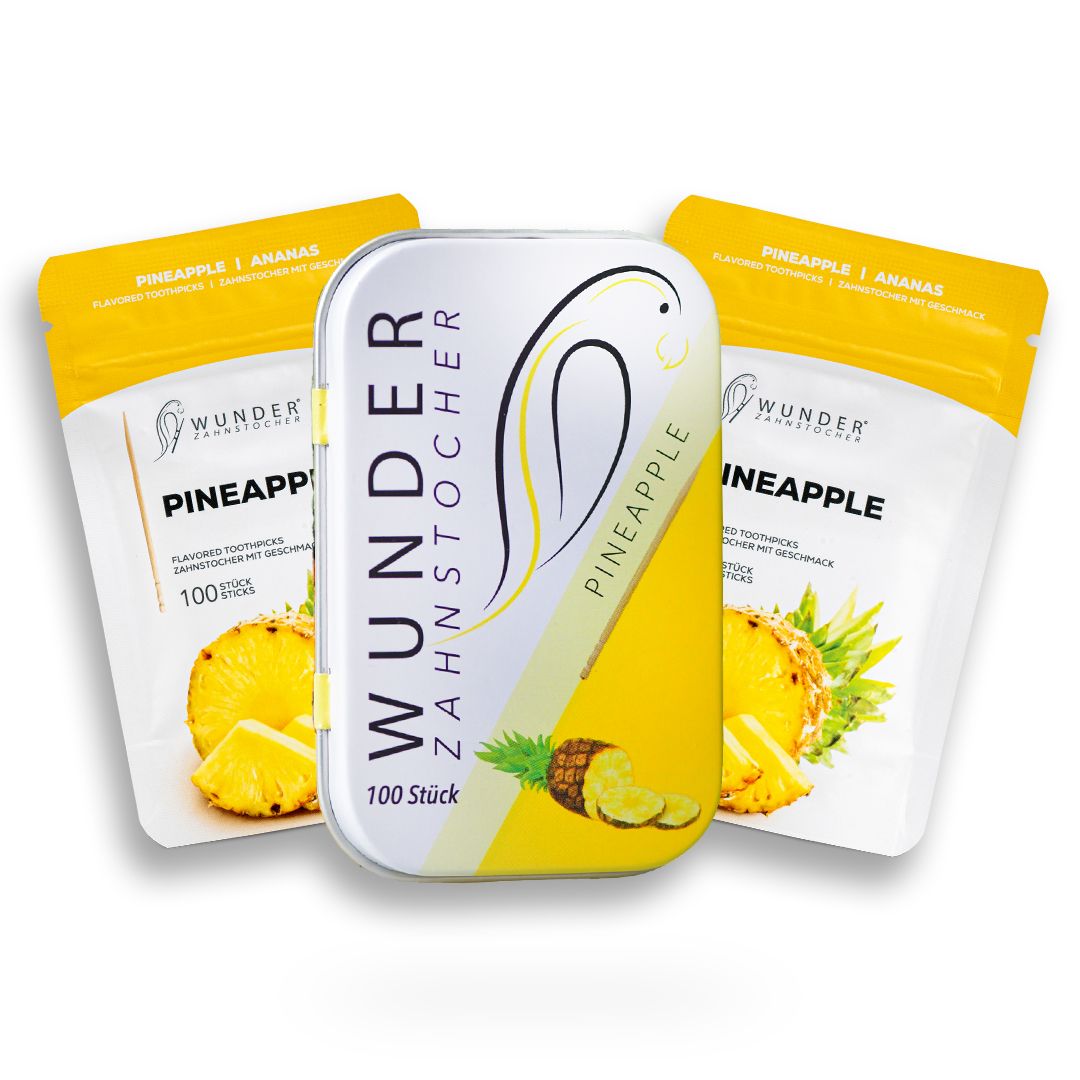 Zahnstocher-Bundle mit Metallbox und 2 Nachfüllpackungen. Gelbes Design mit Ananas-Motiv. Text: 'Wunder Zahnstocher'.