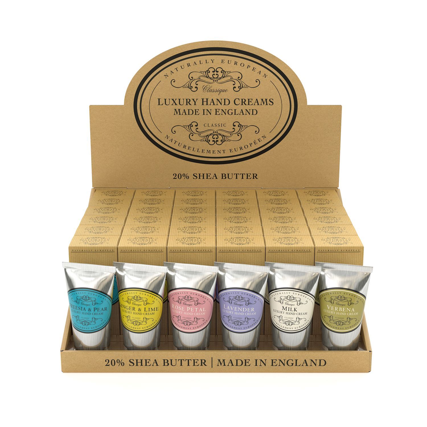 Aufsteller mit sechs Tuben Handcreme in verschiedenen Düften, 75ml.