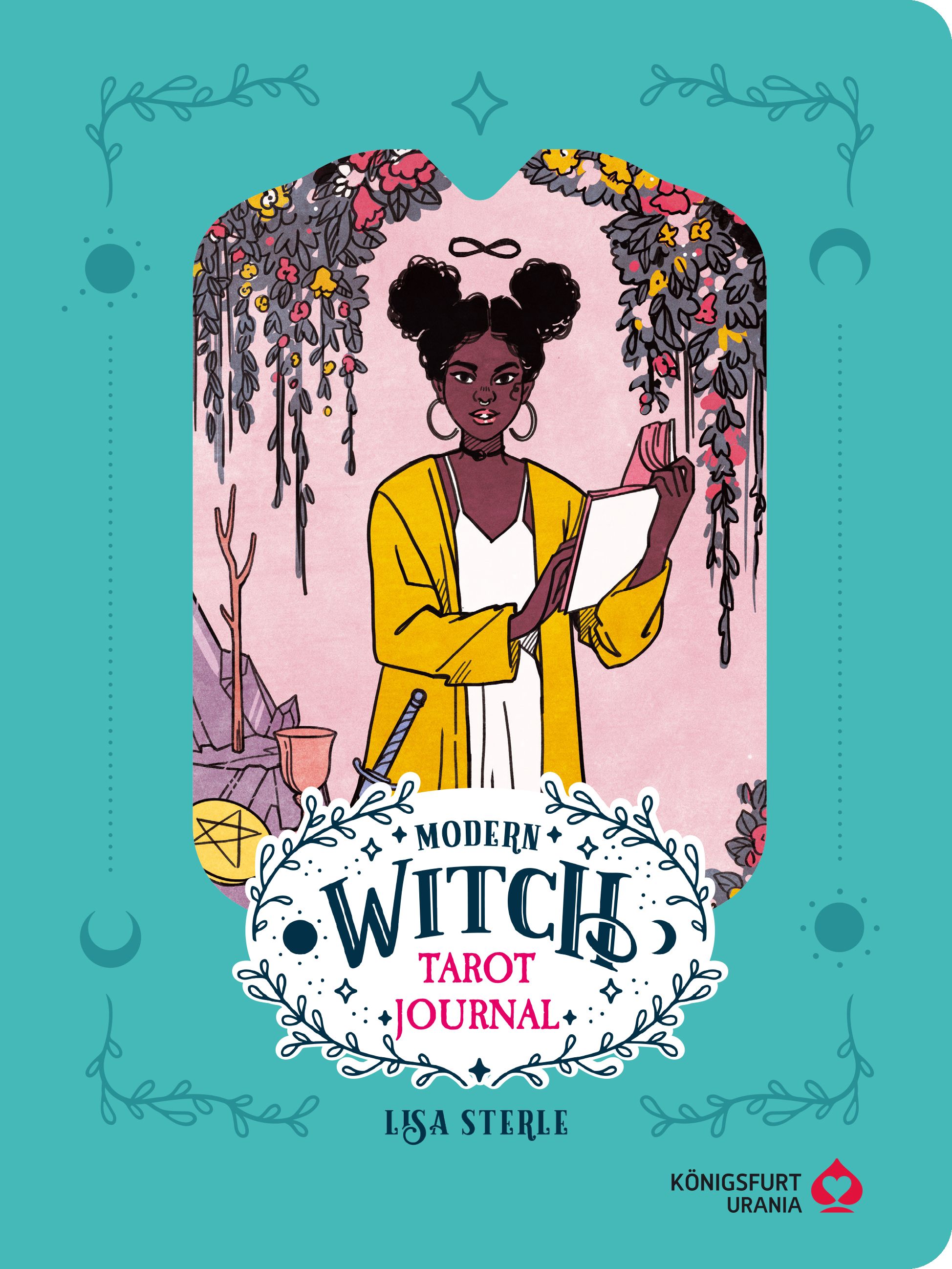 Buchcover mit Illustration einer Frau, die ein Buch hält. Titel: Modern Witch Tarot Journal. Autor: Lisa Sterle. Verlag: Königsfurt Urania.