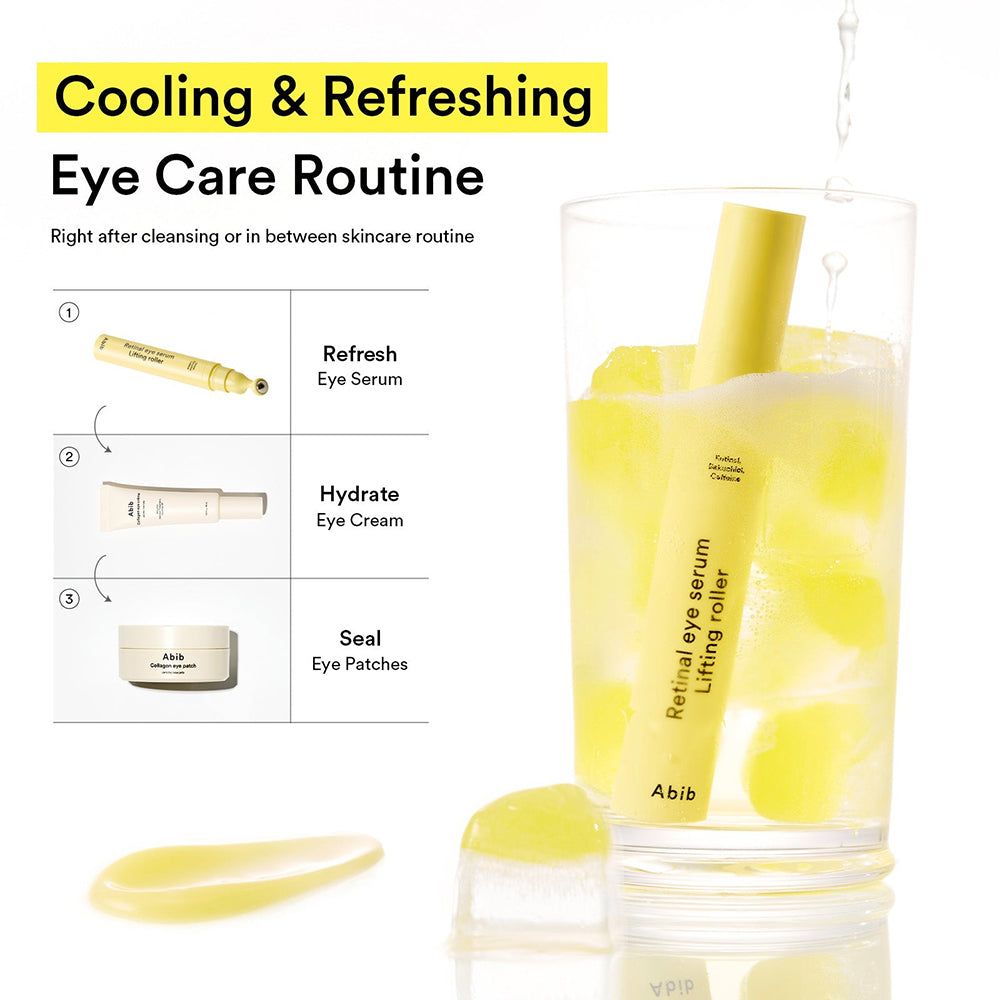 Infografik zur Augenpflege-Routine mit drei Schritten: Augenserum, Augencreme und Augenpflaster. Ein gelber Roller ist in einem Glas mit Eis und Getränk abgebildet.