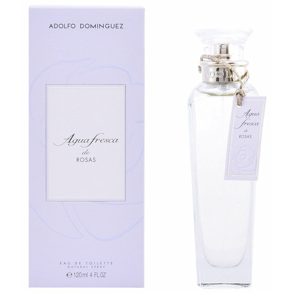 Adolfo Dominguez Agua Fresca De Rosas Eau De Toilette Spray und Verpackung. Flakon mit Etikett und Verschluss, neben der Schachtel.
