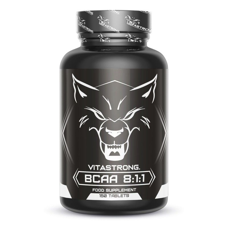 Schwarze Flasche mit Vitastrong BCAA 8:1:1. 150 Tabletten. Wolf-Logo. Deckel mit Logo.