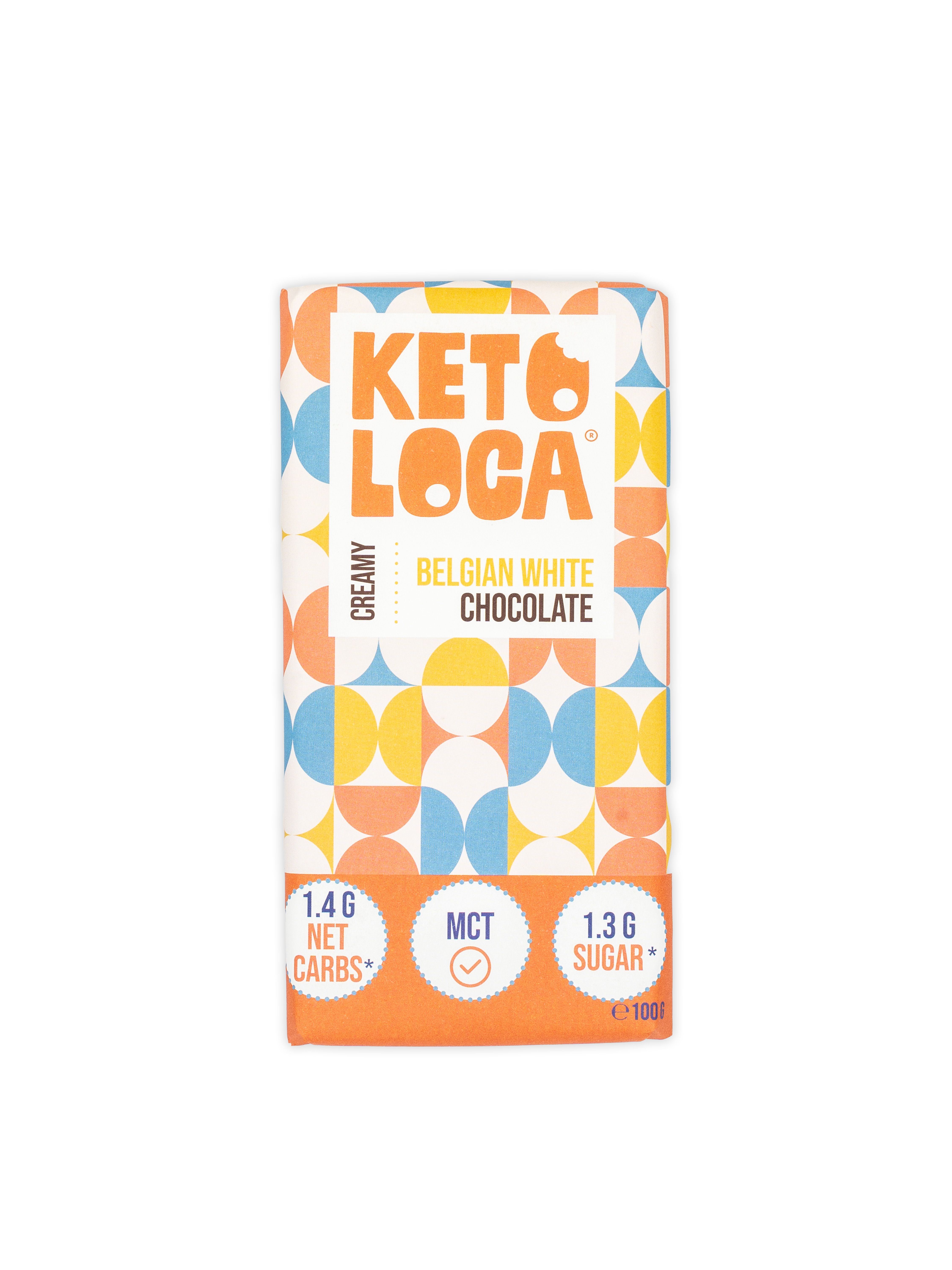 Keto Loca Schokoladenriegel. Belgische weiße Schokolade. Verpackung mit geometrischem Muster. Angaben zu Kohlenhydraten und Zucker.