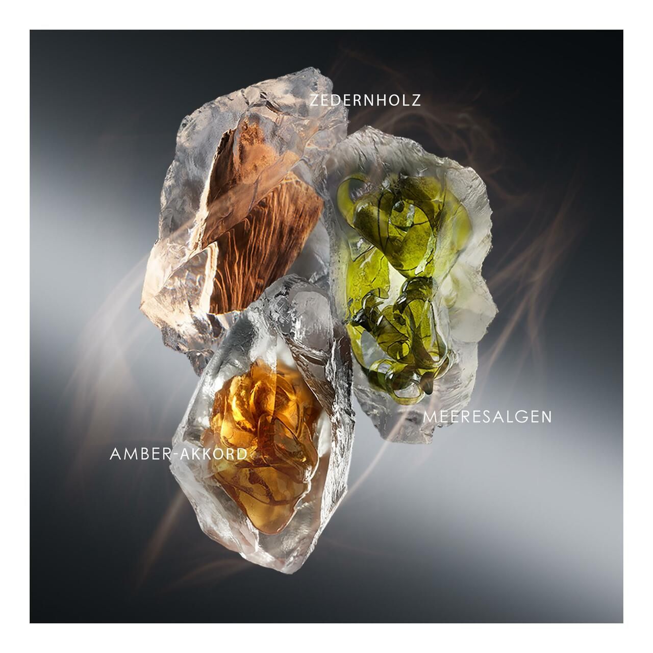 Eisblöcke mit Zedernholz, Meersalz und Amber-Akkord. Beschriftung: Zedernholz, Meersalz, Amber-Akkord.