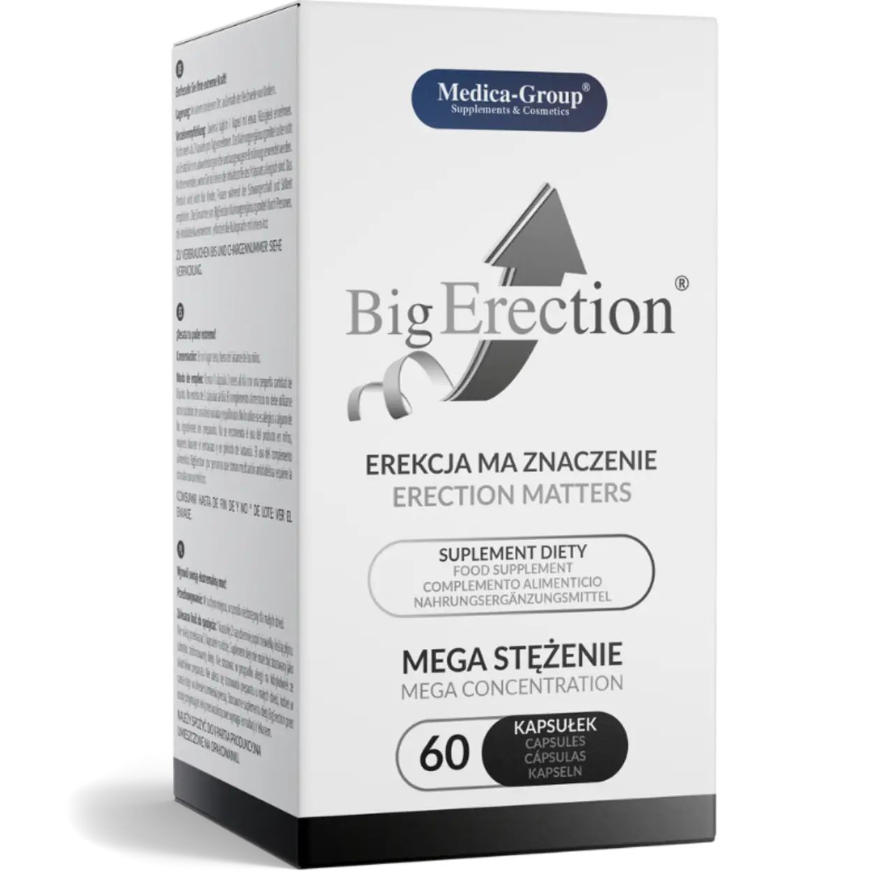 Weiße Schachtel. Aufschrift "Big Erection", "Mega Konzentration". 60 Kapseln. Medica-Group Logo. Pfeil-Grafik.