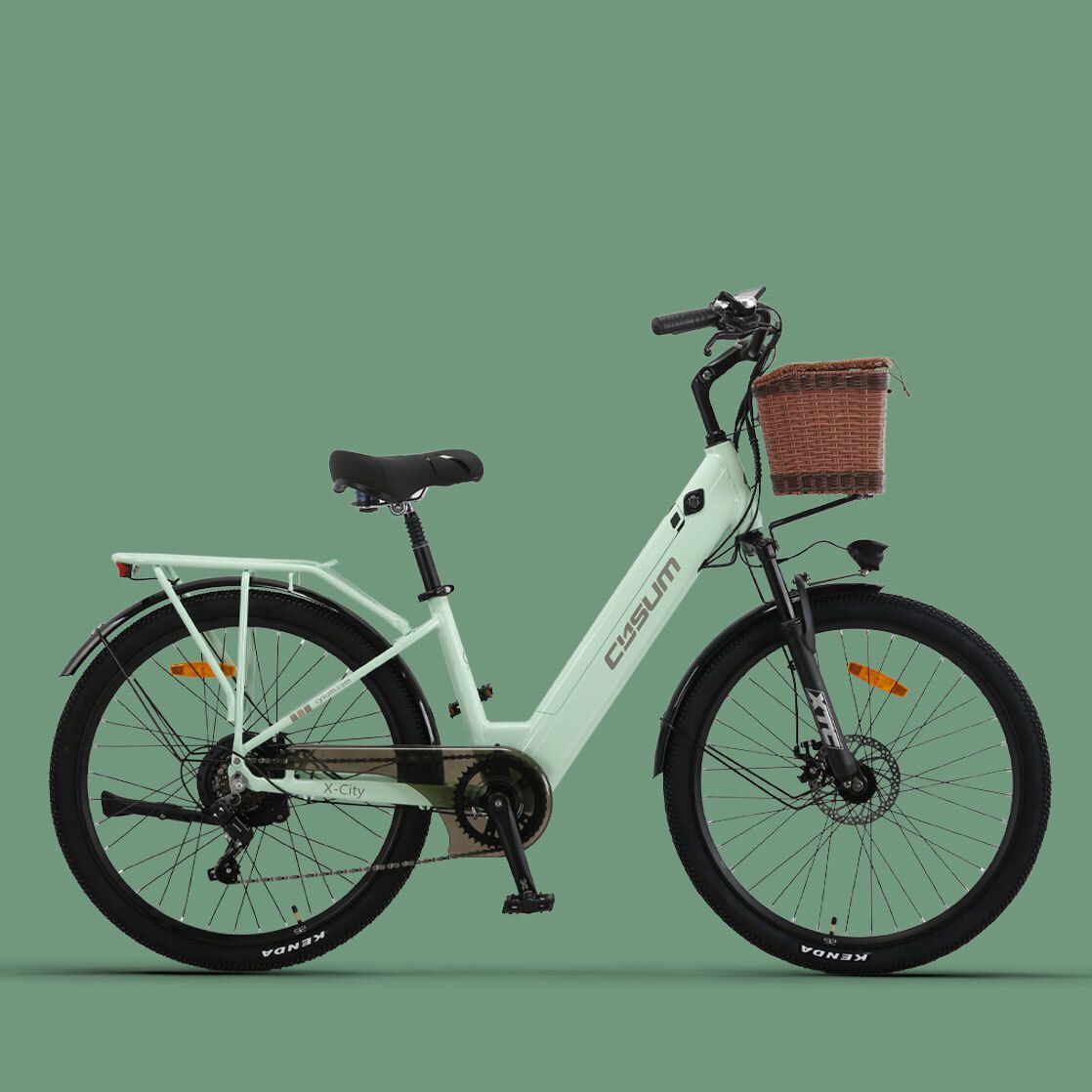 Hellgrünes Elektrofahrrad mit Korb, schwarzem Sattel und Reifen. Grüner Hintergrund.