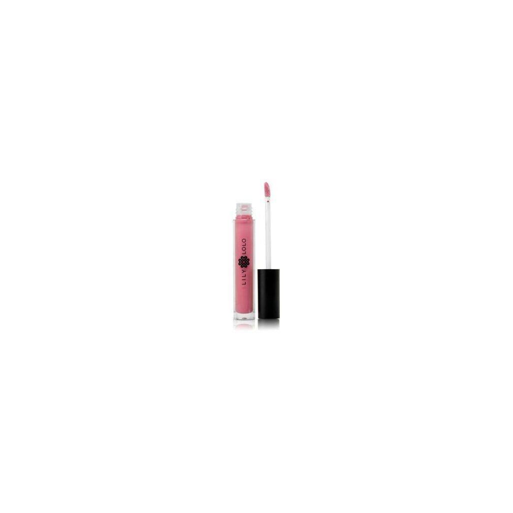 Lipgloss-Tube mit rosa Inhalt und Applikator. Schwarzer Deckel, transparente Tube. Marke Lily Lolo.