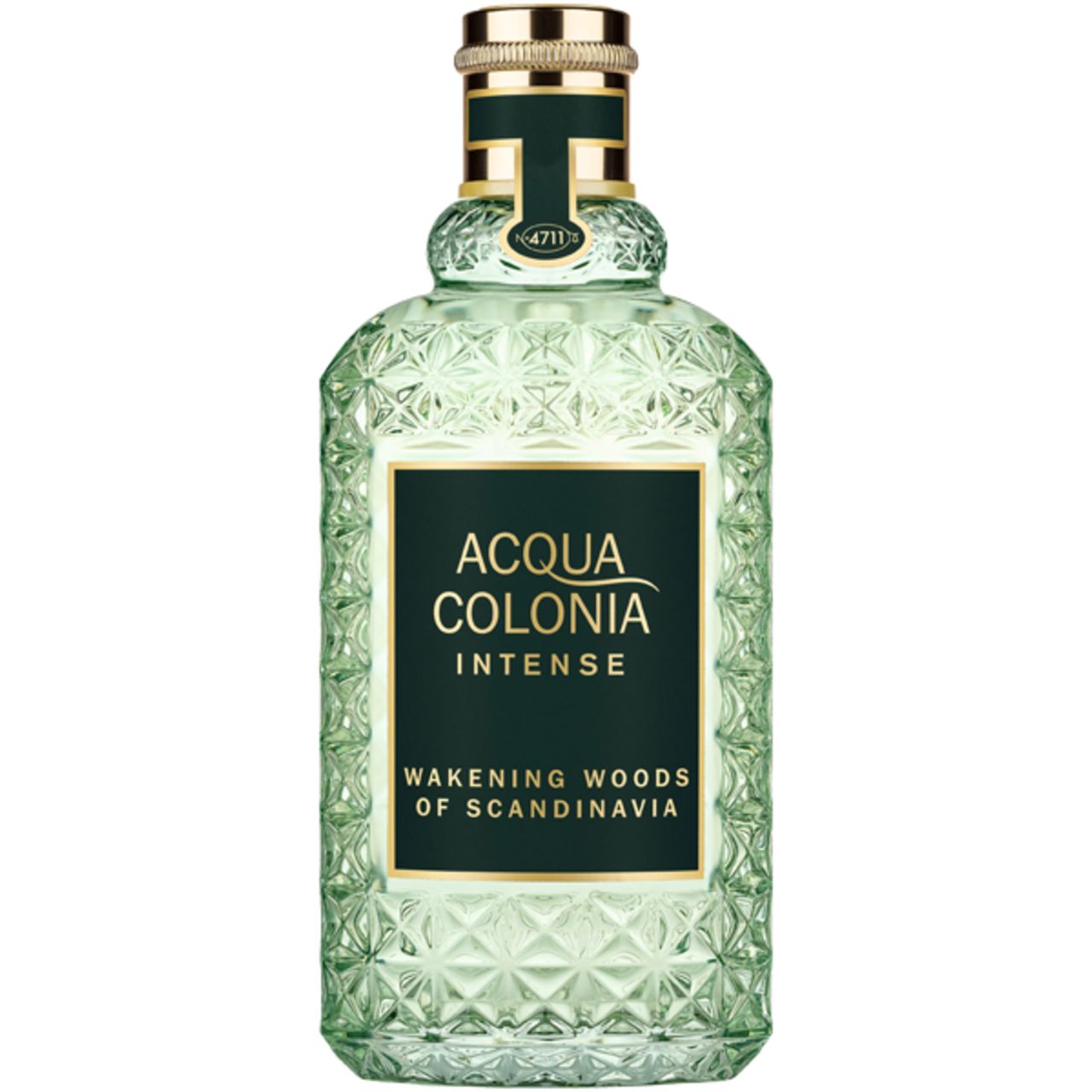 Grüne Glasflasche. Aufschrift: Acqua Colonia Intense Wakening Woods of Scandinavia.