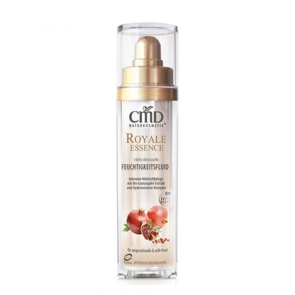 Flakon mit goldfarbenem Deckel und Aufschrift CMD Naturkosmetik Royale Essence Feuchtigkeitsfluid. Abbildung von Granatäpfeln.